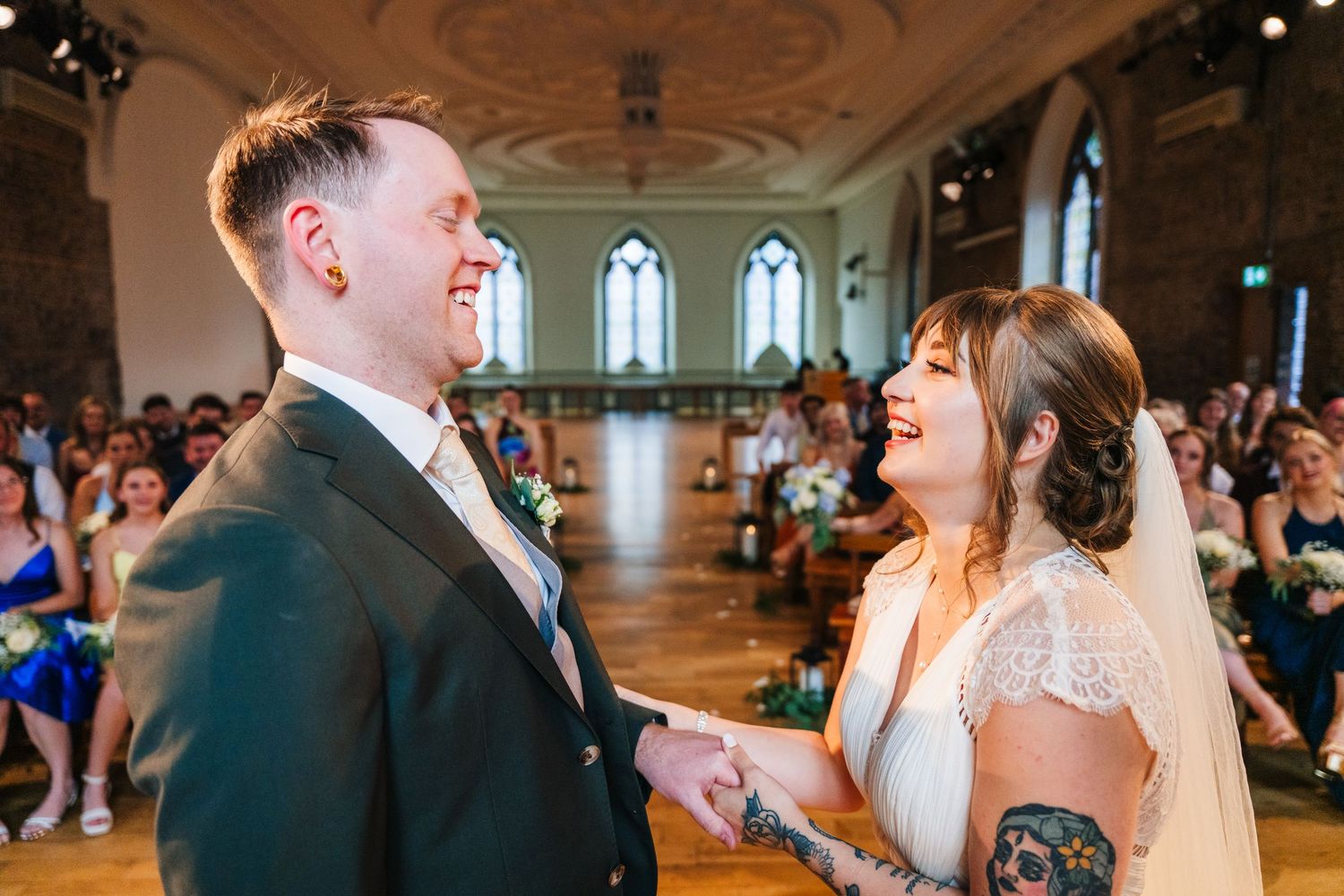 A sequence of celebratory moments captured inside an ornate ballroom with decorative ceiling details.