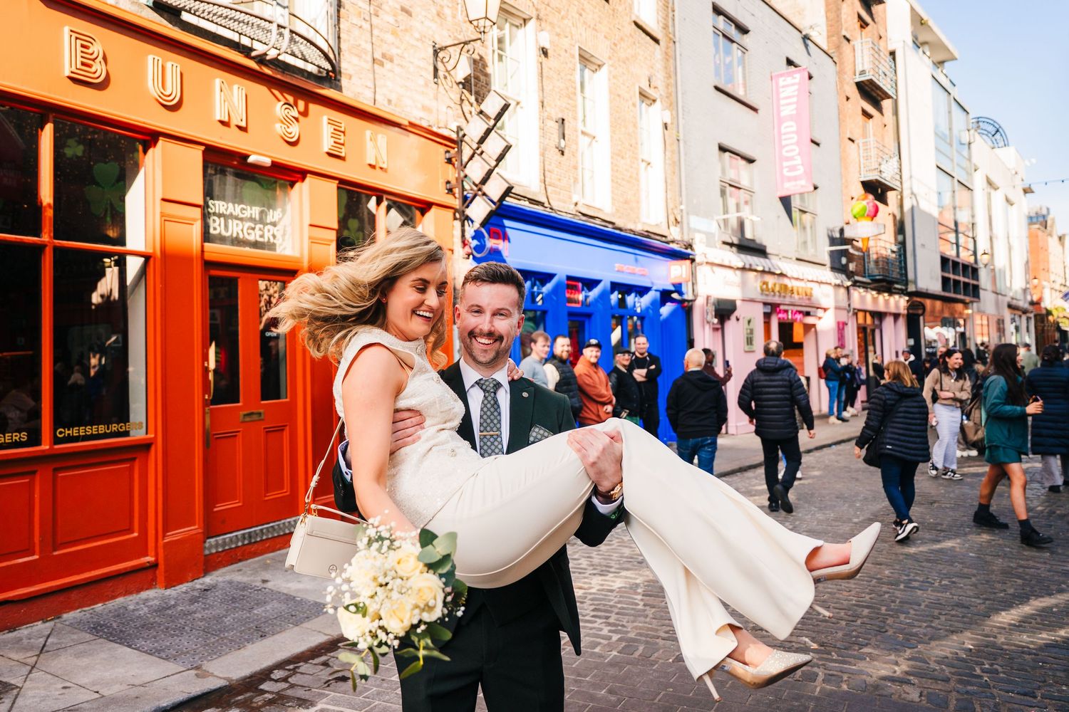 Charming street view of colorful buildings and storefronts in a historic district. Wedding photographer dublin Wedding photographer dublin