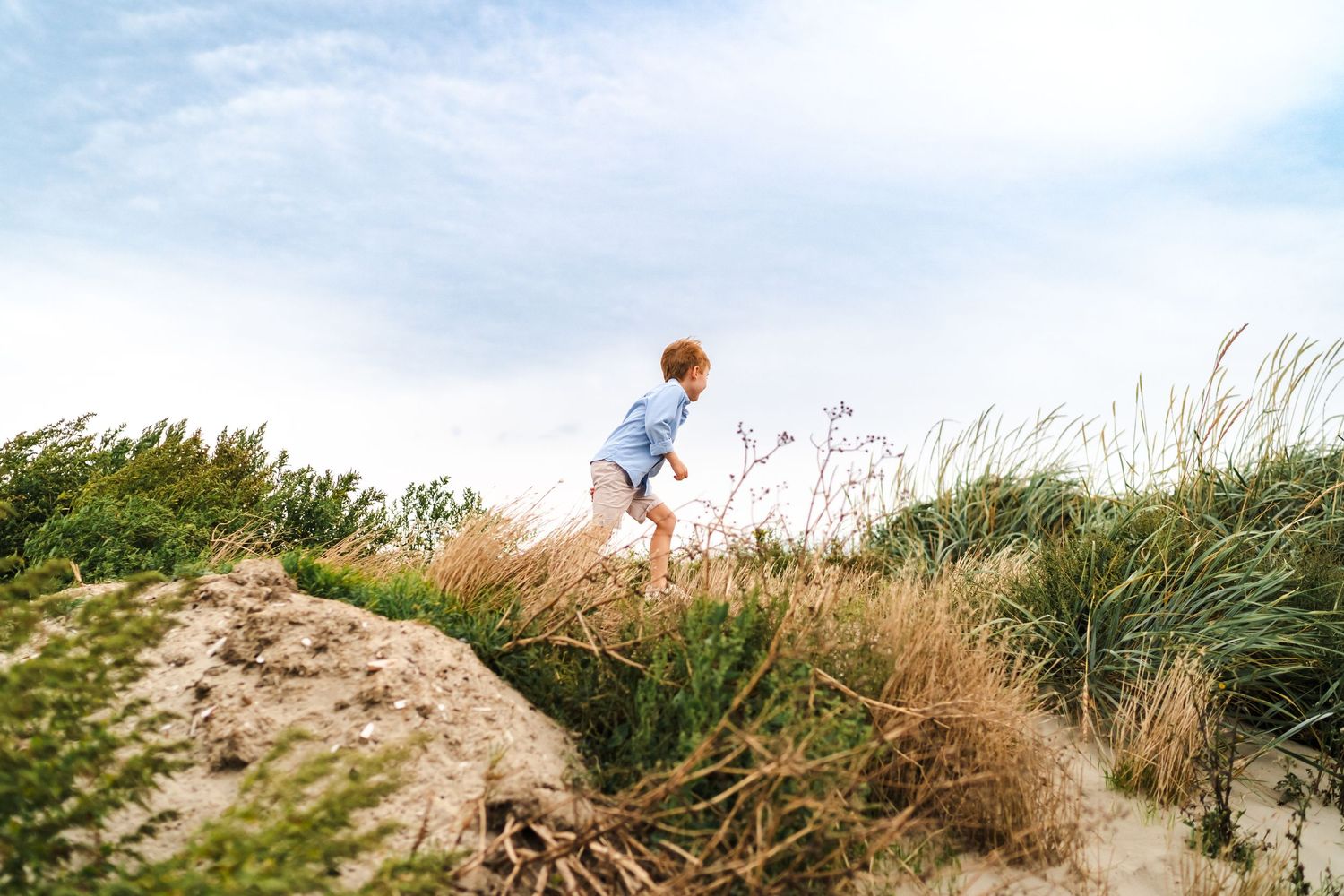 People enjoying a carefree moment together on sandy dunes with beach grass on a bright summer day.  Family photographer Dublin Ireland