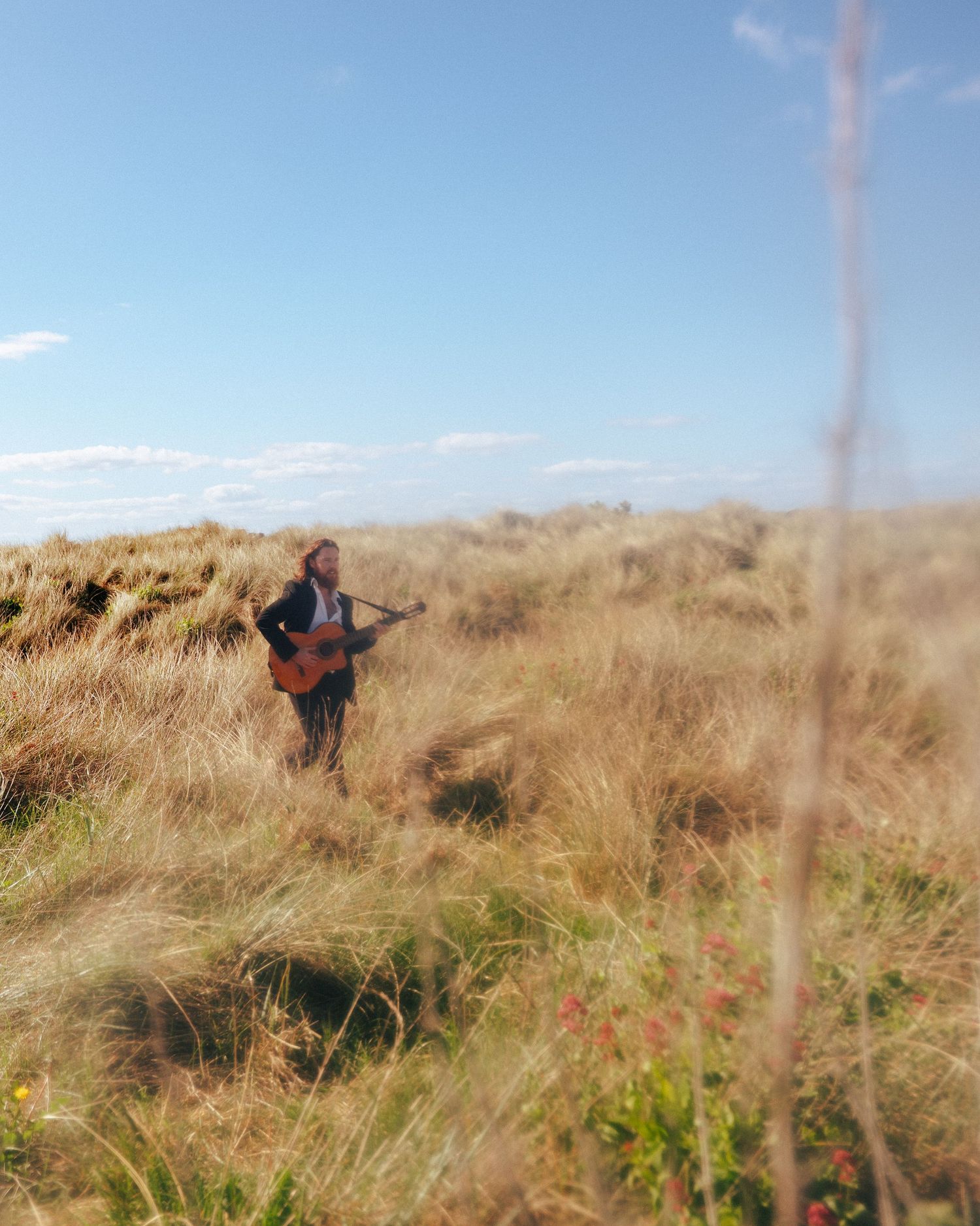 Musician with acoustic guitar photographed through dry grass in autumn field. PHOTOGRAPHER Dublin