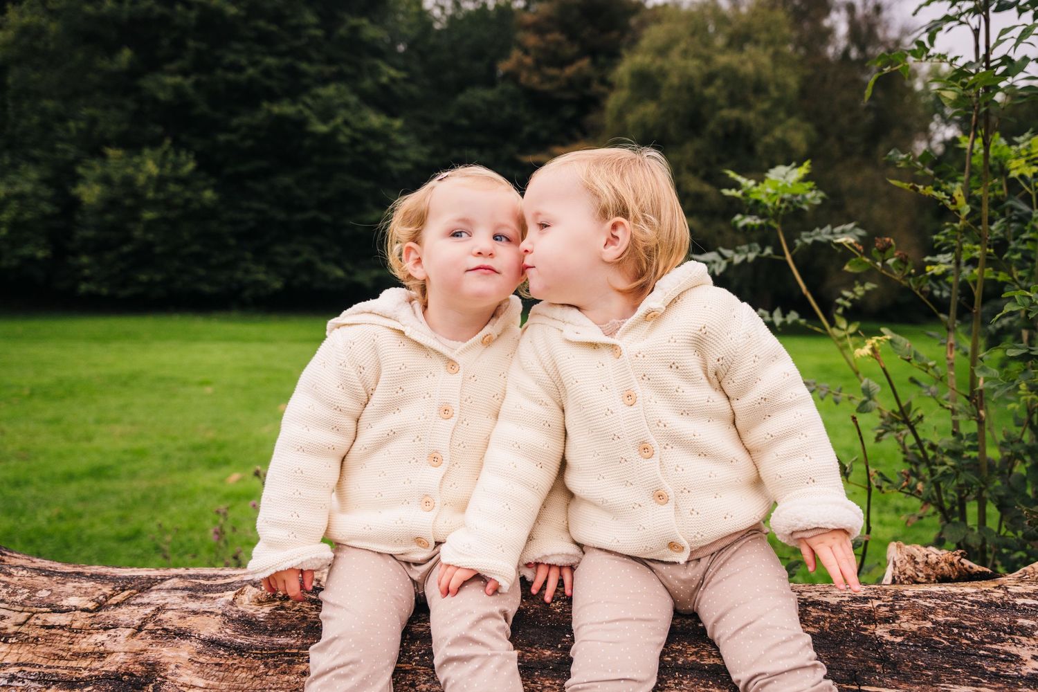 Two young people in matching cream sweaters sit together on natural logs in an outdoor setting.family PHOTOGRAPHER Dublin