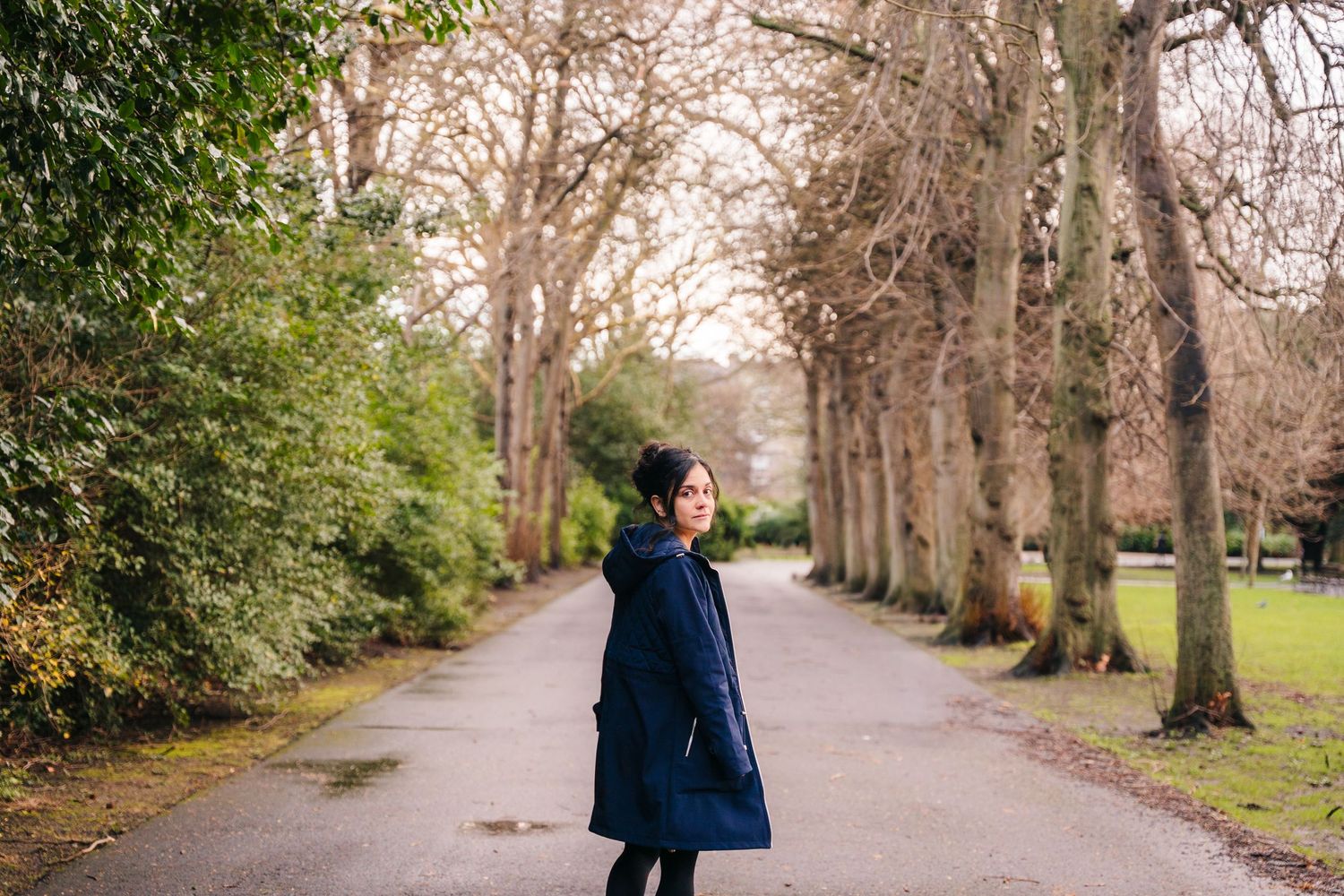 A person walks along a tree-lined path in a park during autumn with bare branches overhead. professional headshots dublin