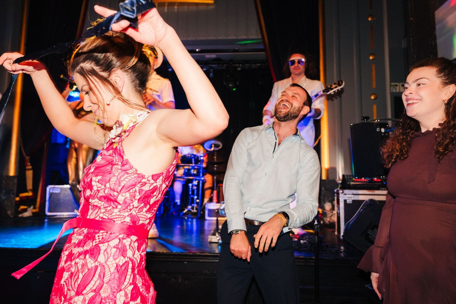 Lively dance floor moment with party guests enjoying the celebration. Wedding ceremony at the Set Theatre Langtons Hotel Kilkenny