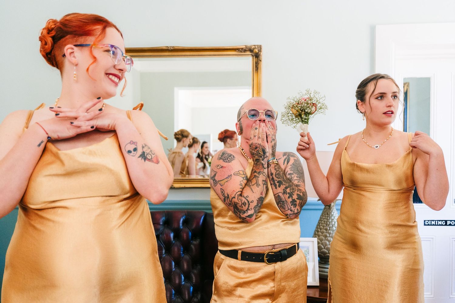 A series of photos showing someone in a gold silk dress making various animated facial expressions and gestures.Poulaphouca Wedding photogra