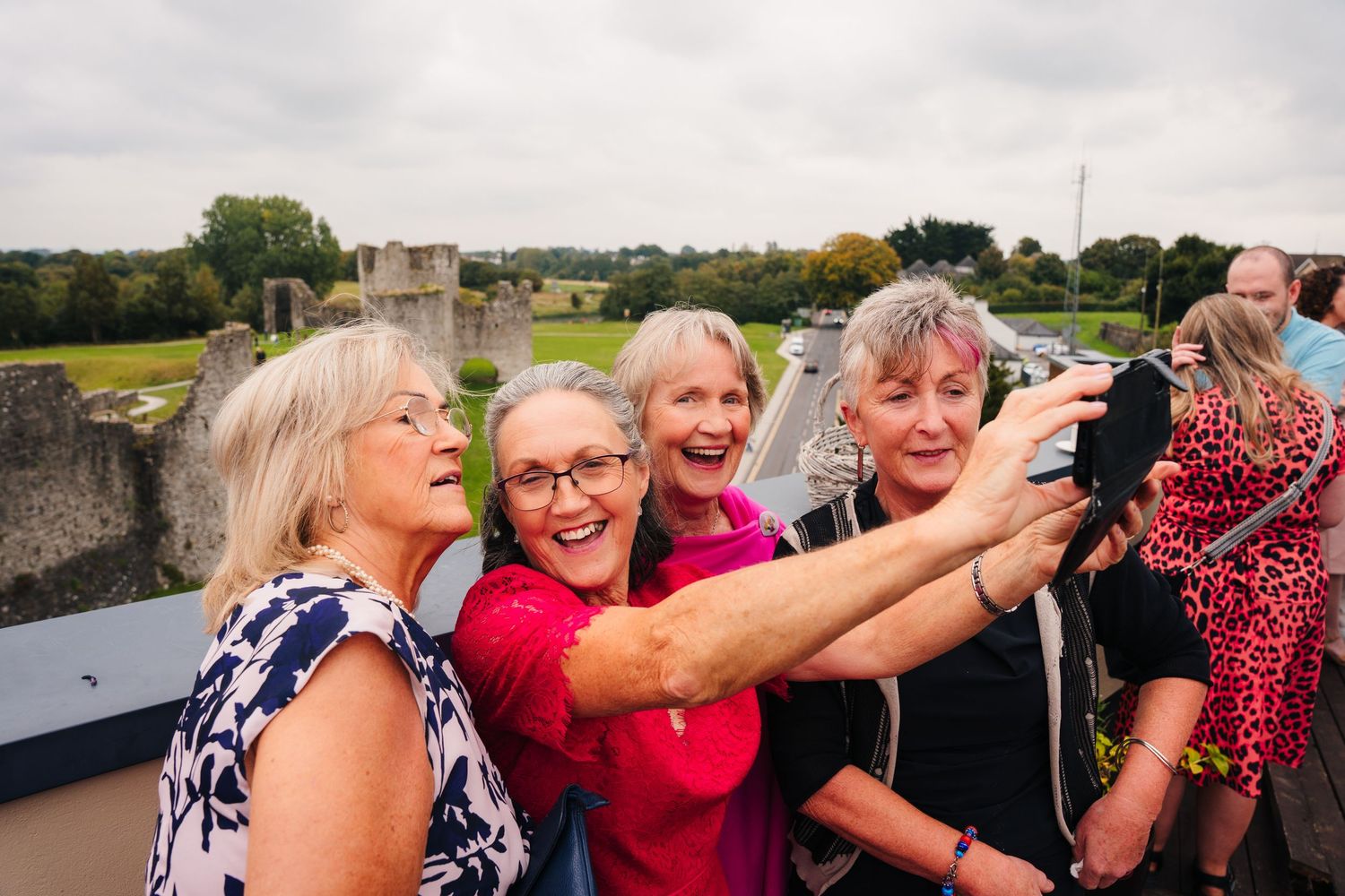 Group of wedding guests celebrating outdoors with joyful expressions. Wedding Photography Trim Castle Ireland