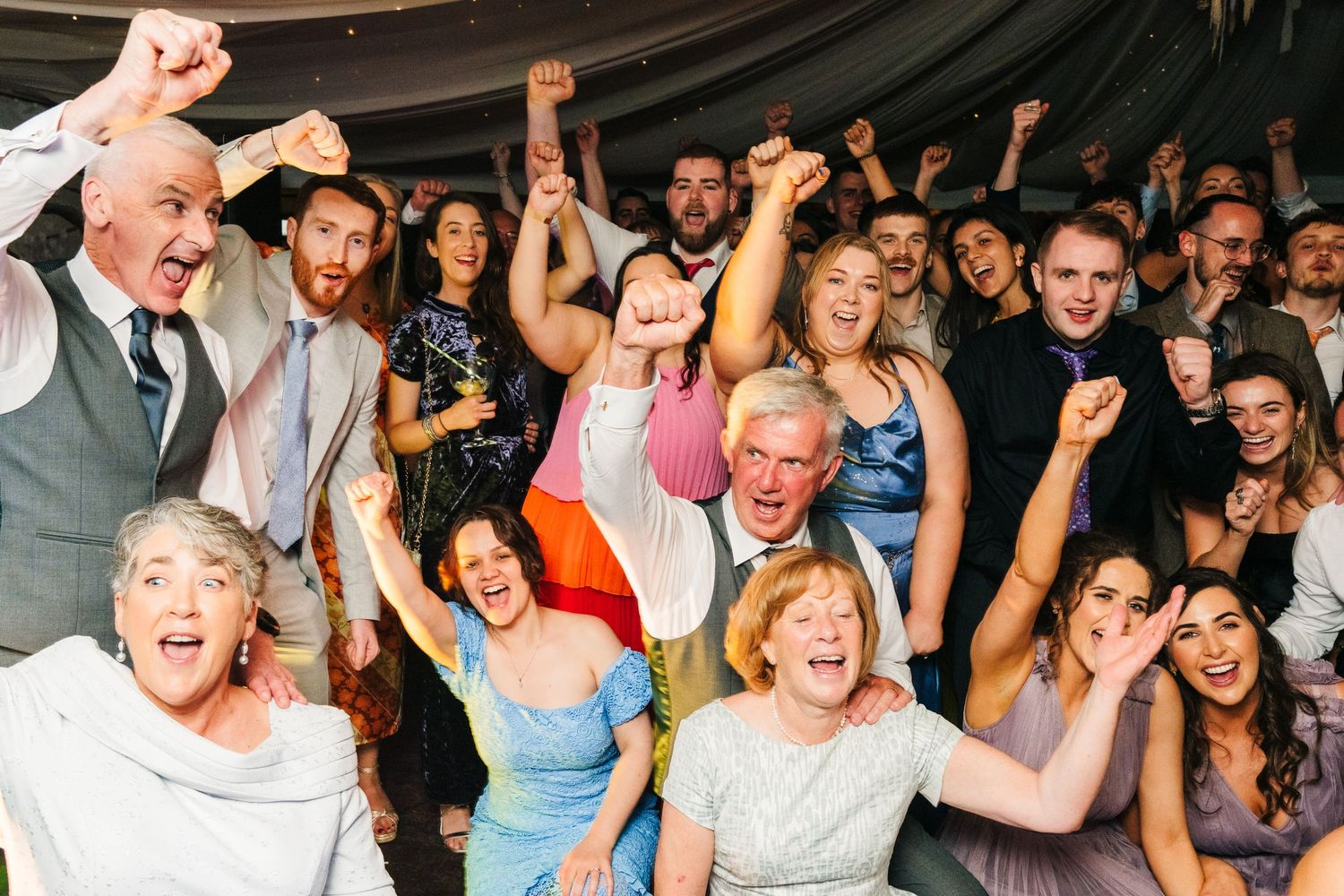 Millhouse slane wedding photographer dublin Large group of wedding guests cheering and raising fists in celebration on dance floor.