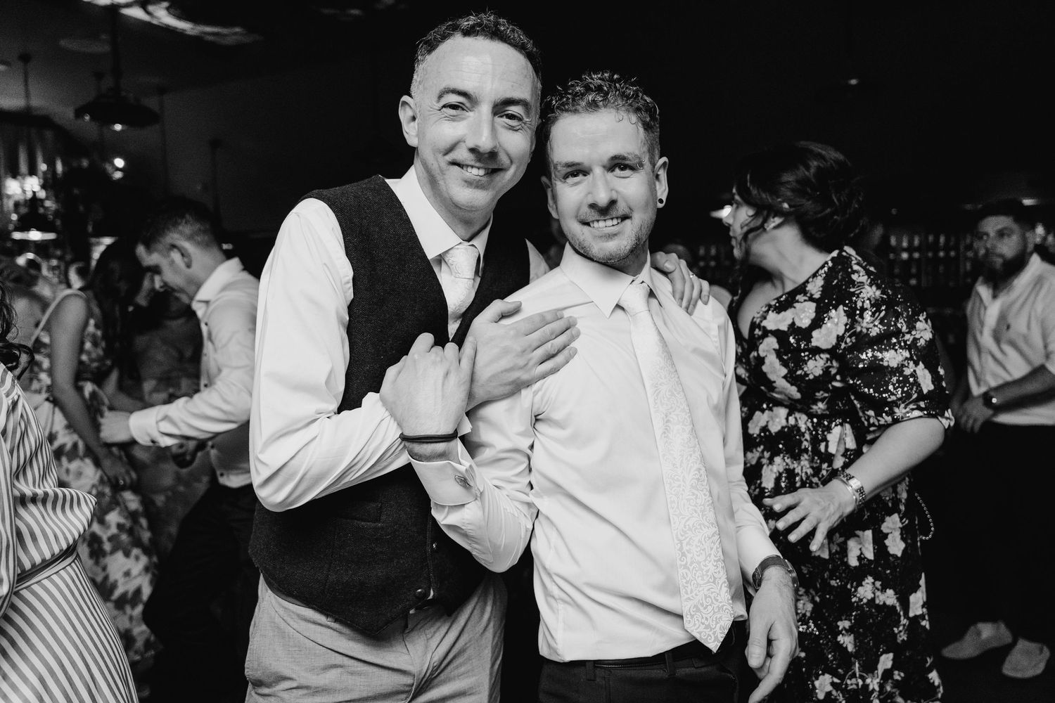 Vintage-style black and white shot of couples dancing at a wedding celebration. Marco Pierre Dublin Wedding Photographer
