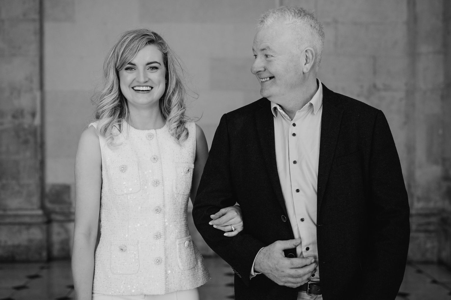 Black and white wedding portraits showing joyful moments in an elegant setting. City Hall Dublin wedding photogrAPher