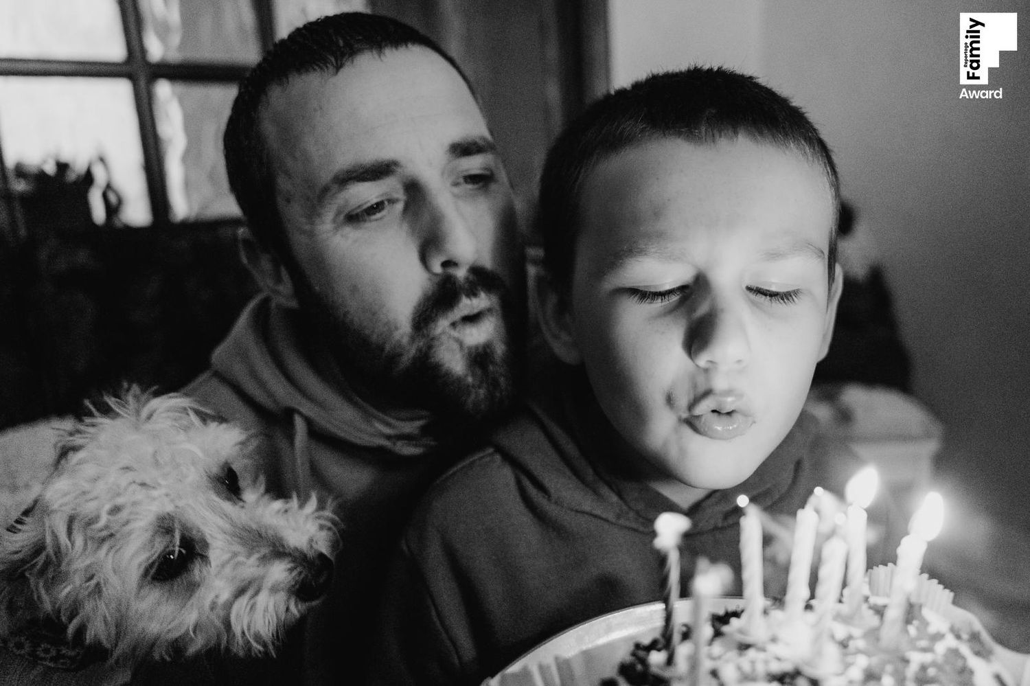A black and white collage shows a person blowing out birthday candles across multiple candid moments. award winning photographer dublin