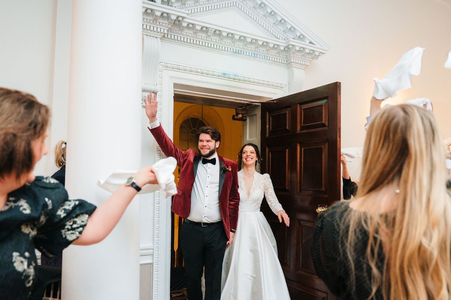 Elegant wedding reception venue with ornate crown molding and classic drapery. Stephens green club dublin Wedding photographer
