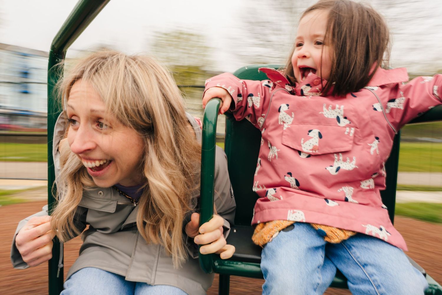A series of children on a playground swing showing expressions of joy and laughter during outdoor playtime. PHOTOGRAPHER Dublin