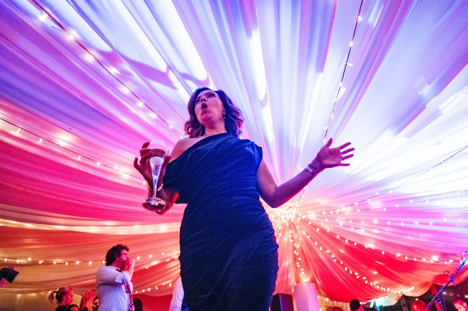 A silhouetted wedding guest dances energetically against vibrant purple and red draped lighting at a reception.  Virginia Park Lodge Wedding