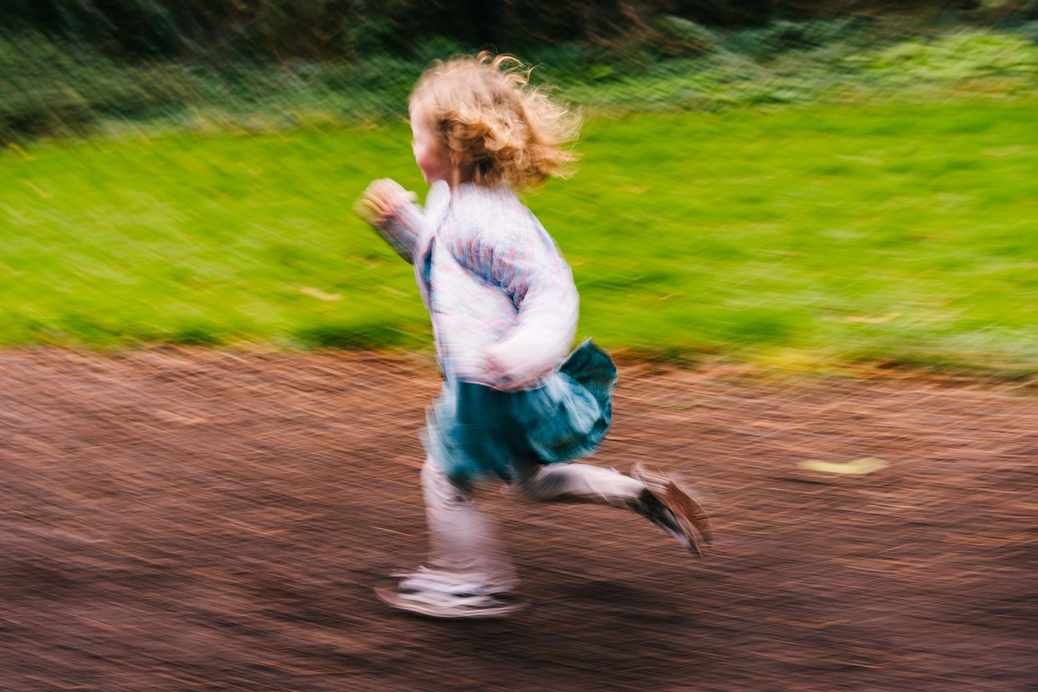 Family photographer Dublin Ireland  Motion-blurred sequence of playground activity against vibrant green grass background.