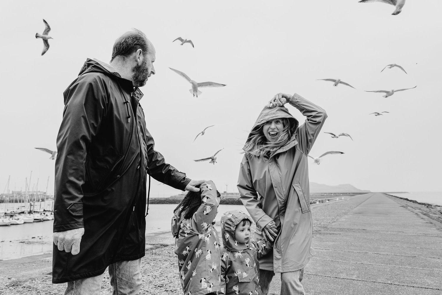 Black and white photos of seagulls flying around people at a beach as someone offers food to the birds. PHOTOGRAPHER Dublin