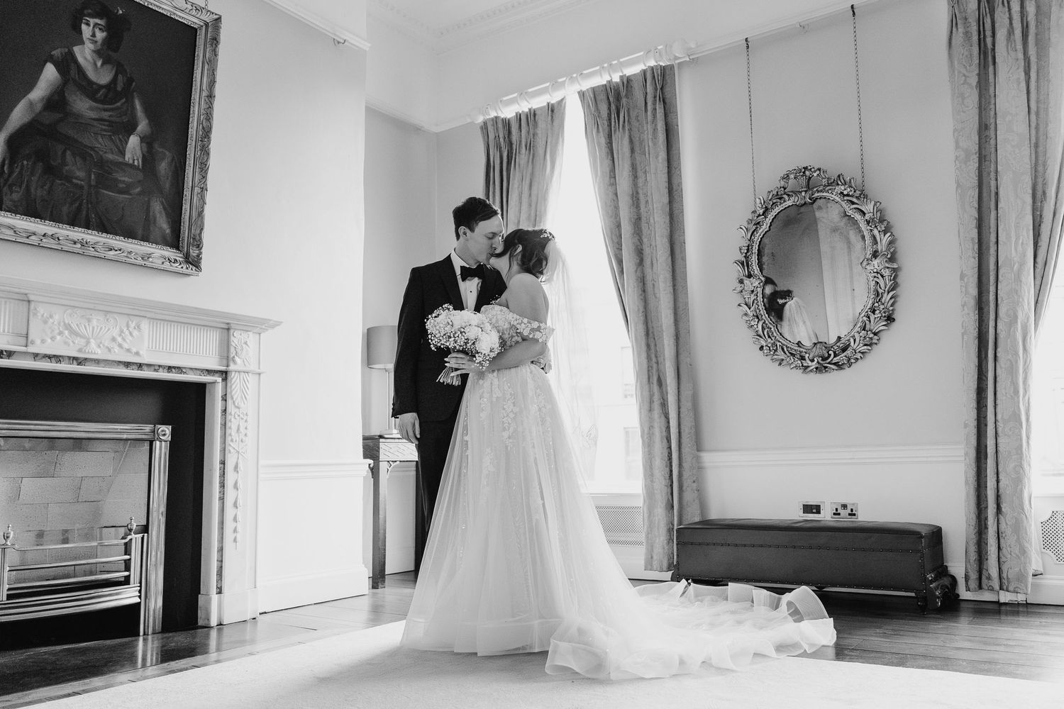 Black and white wedding photography showing elegant moments in a classic venue. Wedding PHOTOGRAPHER Dublin