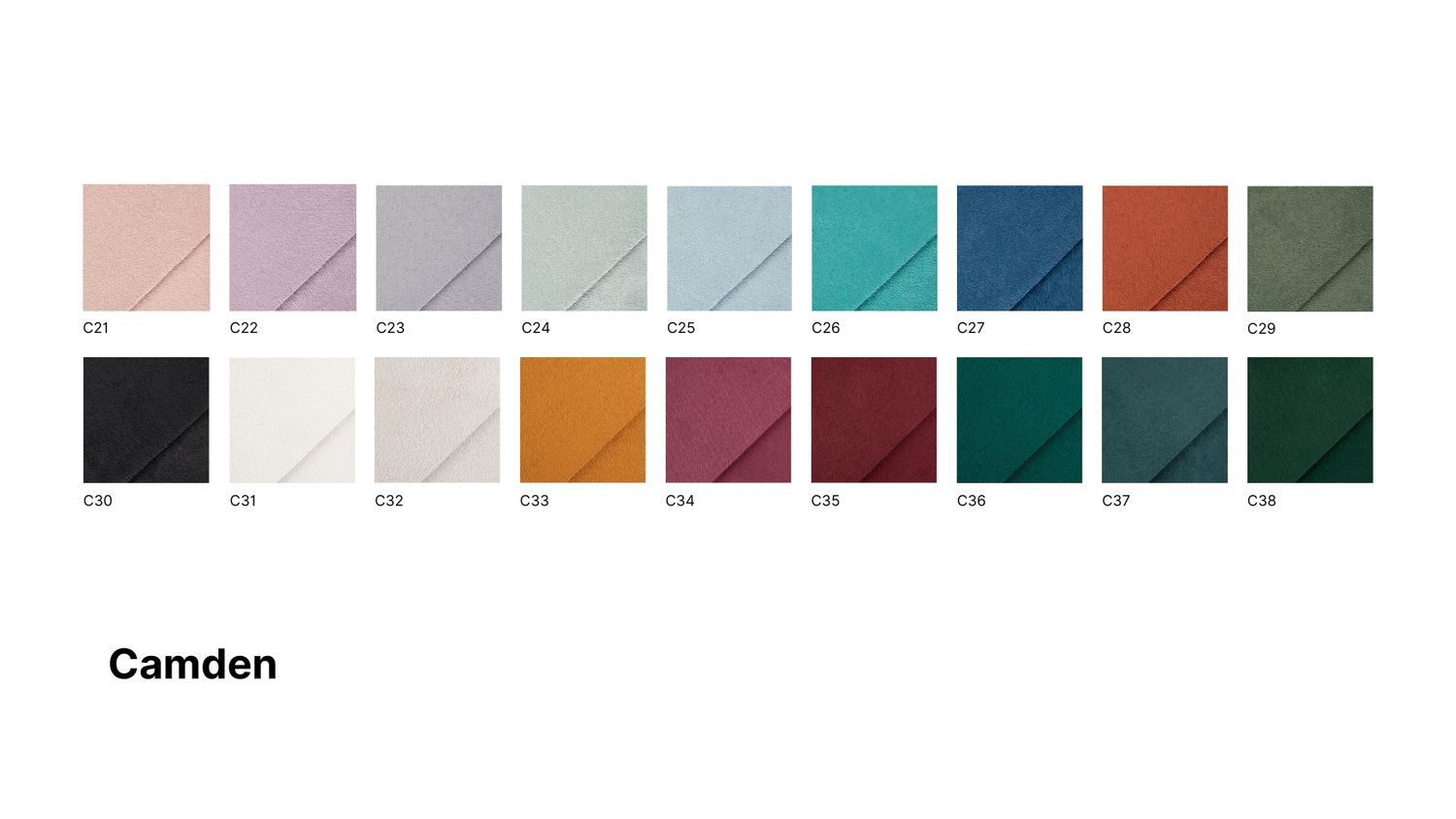Camden envelope color swatch chart featuring 18 shades from blush pink to deep teal, organized in a grid layout.
