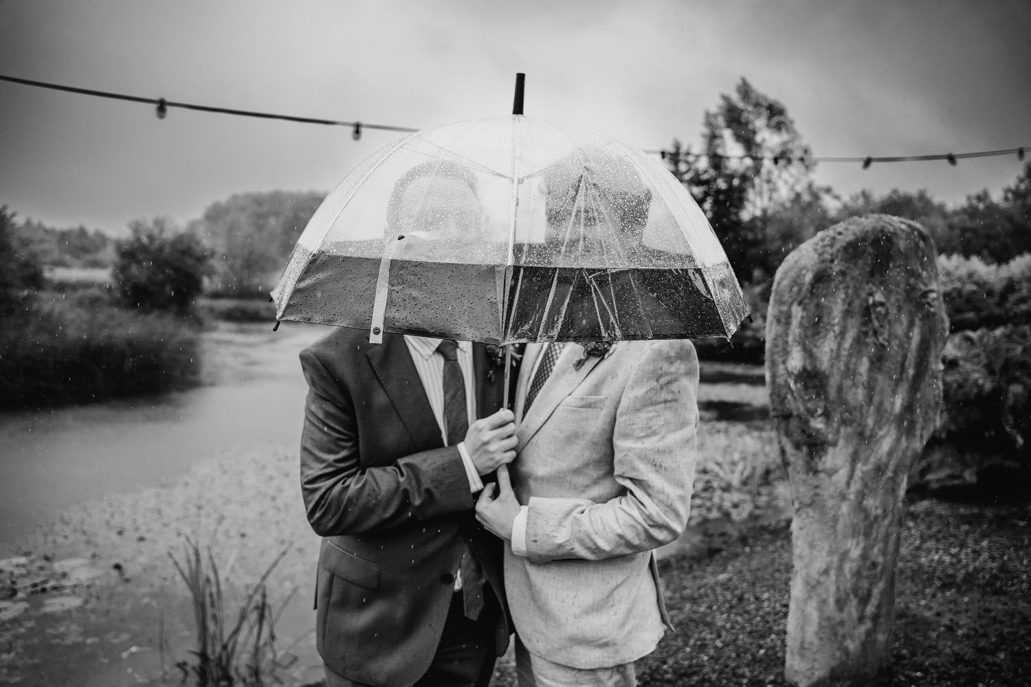 Wedding party walking with clear umbrellas on an overcast day. Wedding photographer Dublin