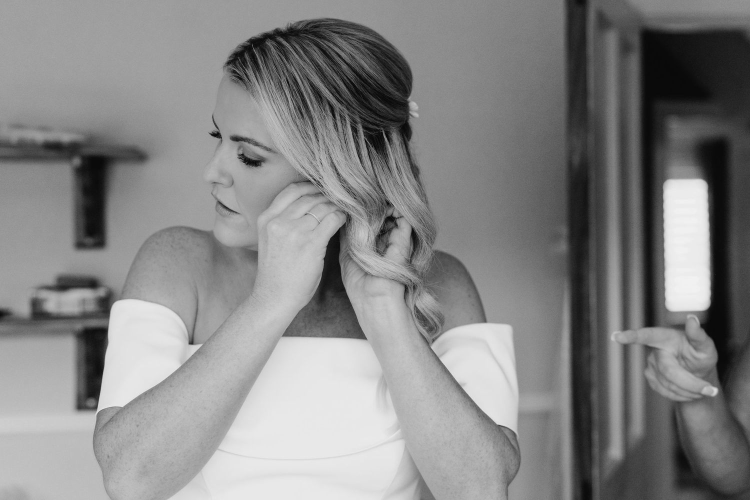 A series of romantic black and white photographs showing intimate wedding moments and preparation details. The Dean Dublin Wedding Photograp