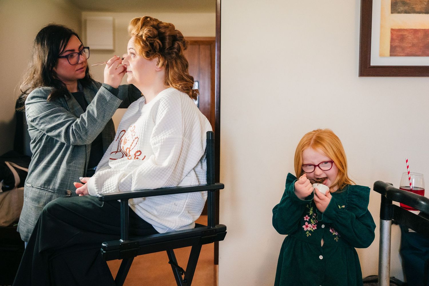 A sequence of candid moments between two people chatting and enjoying beverages with red straws.  Wedding PHOTOGRAPHER Trim Castle