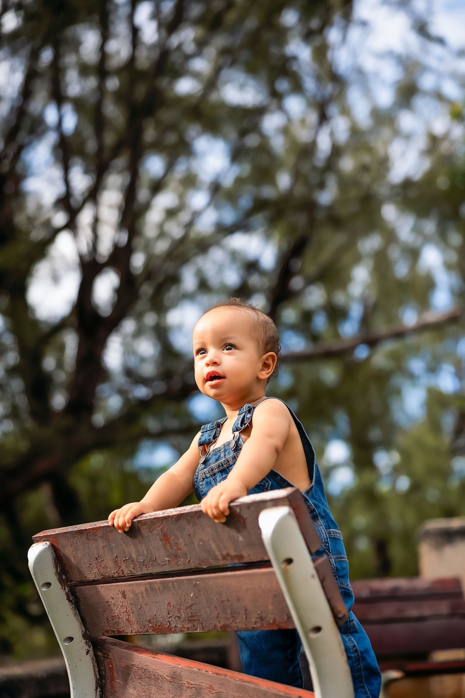Cute toddler in denim overalls standing at a wooden bench outdoors, looking up curiously with trees in background.