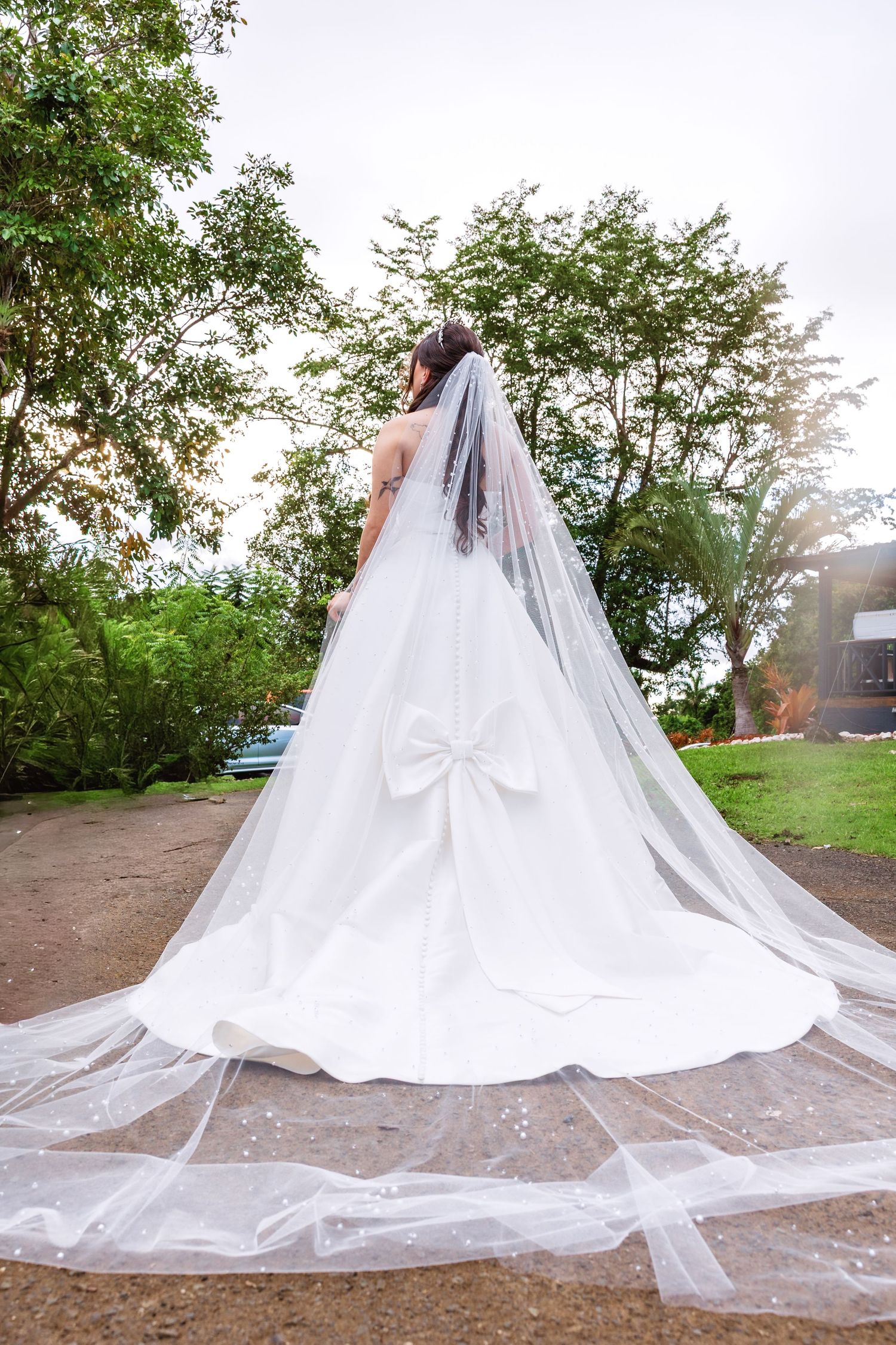 A flowing white wedding dress with a long cathedral veil spreads beautifully across an outdoor setting.
