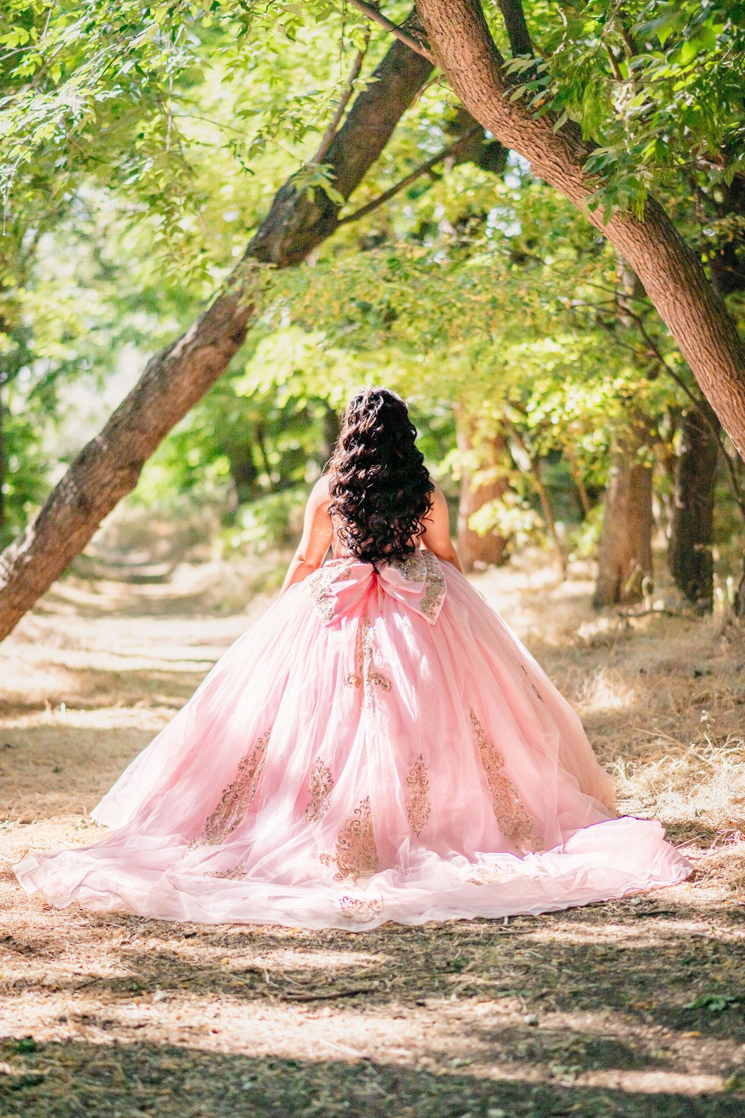 A young woman in a pink ball gown with gold details walks down a tree-lined path, viewed from behind.
