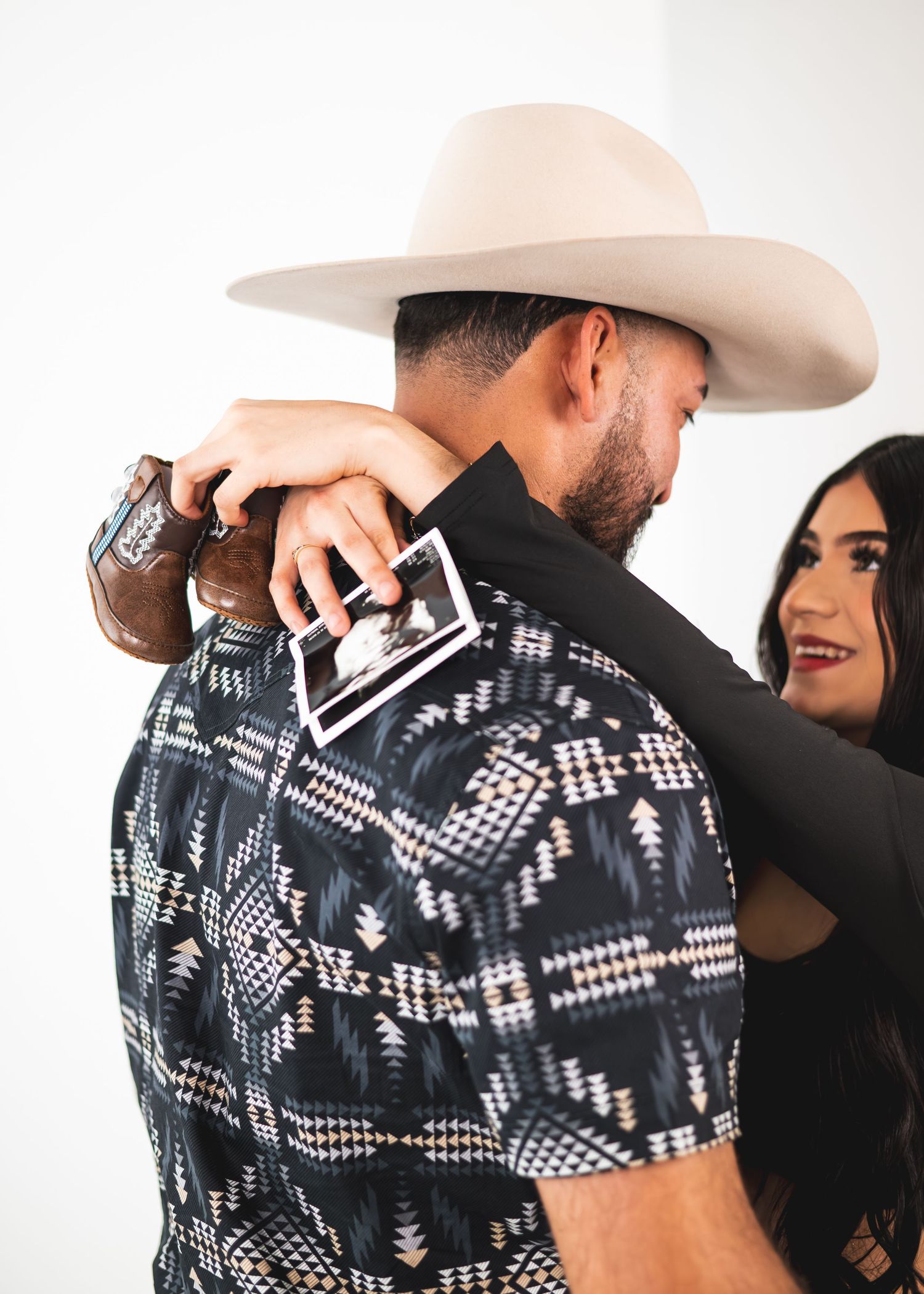 Close-up sequence of a couple in western attire sharing intimate moments against white background.