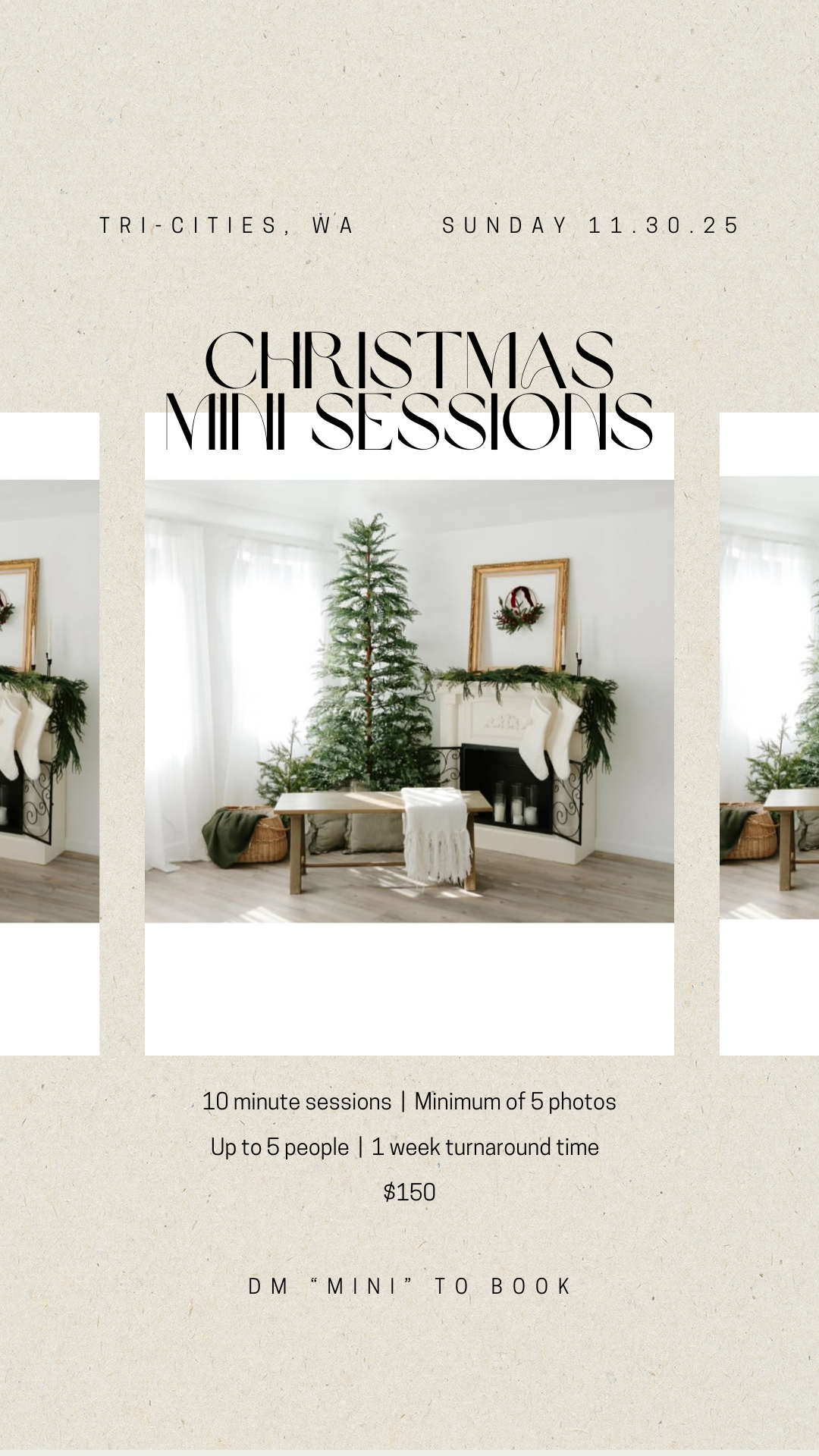 Christmas mini session advertisement showing minimalist holiday decor in white room. Photography.