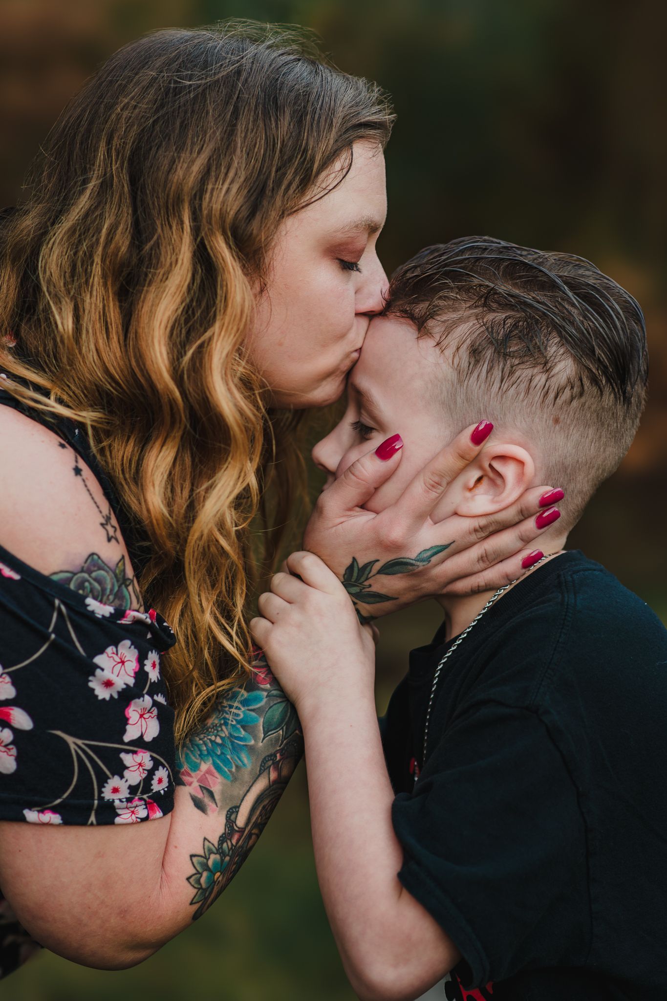 Romantic couple embraces in series of intimate close-up portraits.