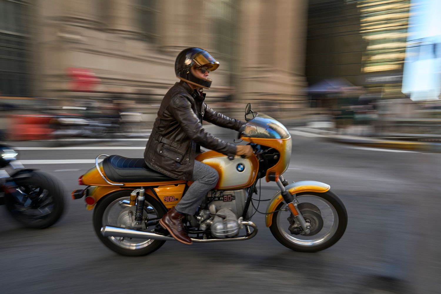 motorcycle photography, Distinguished Gentlement's Ride in NY, panning shot of a yellow motorcycle