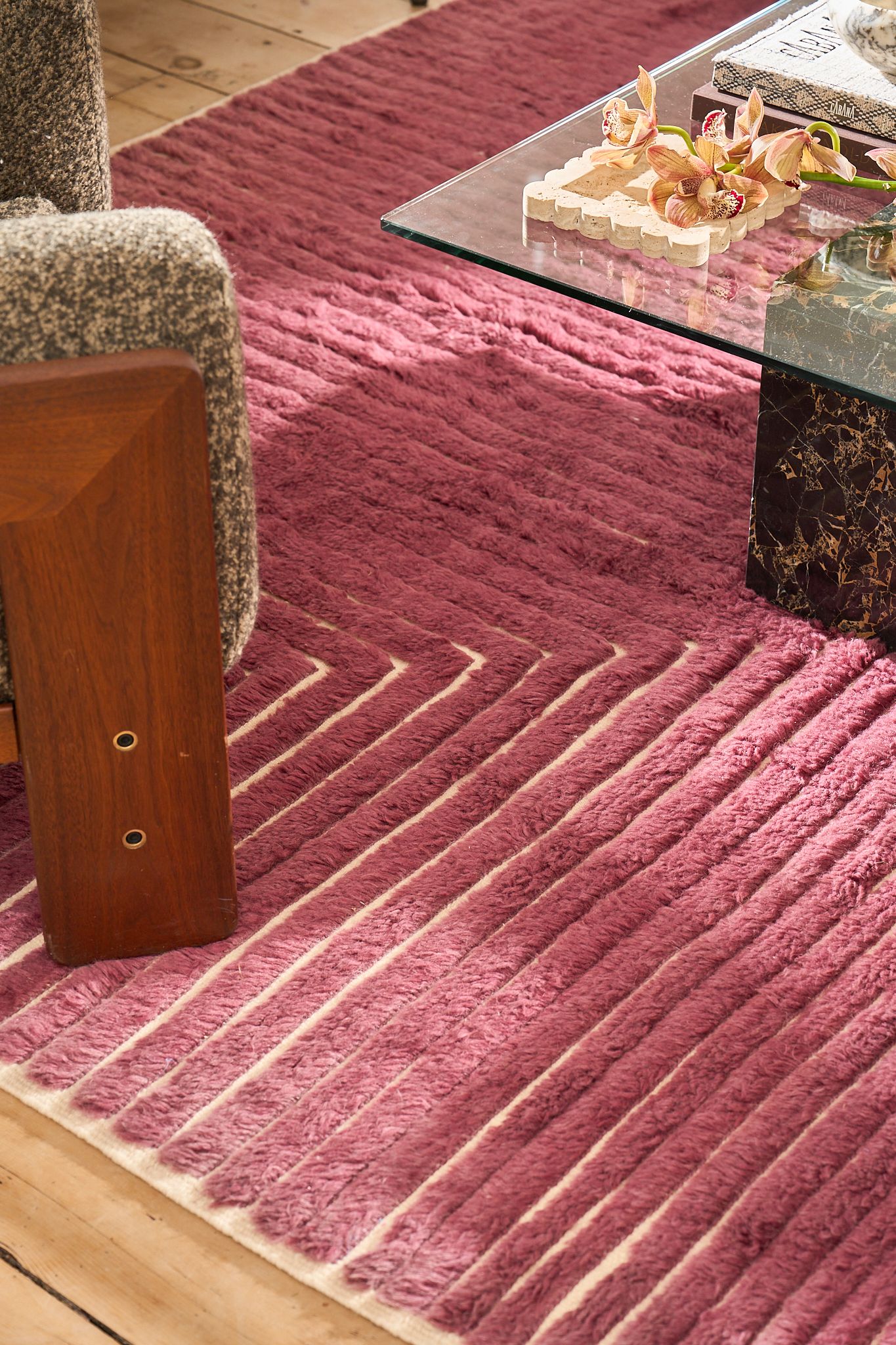 Product and lifestyle photograph of a rug designed and made by Postcard company, photographed upstate NY