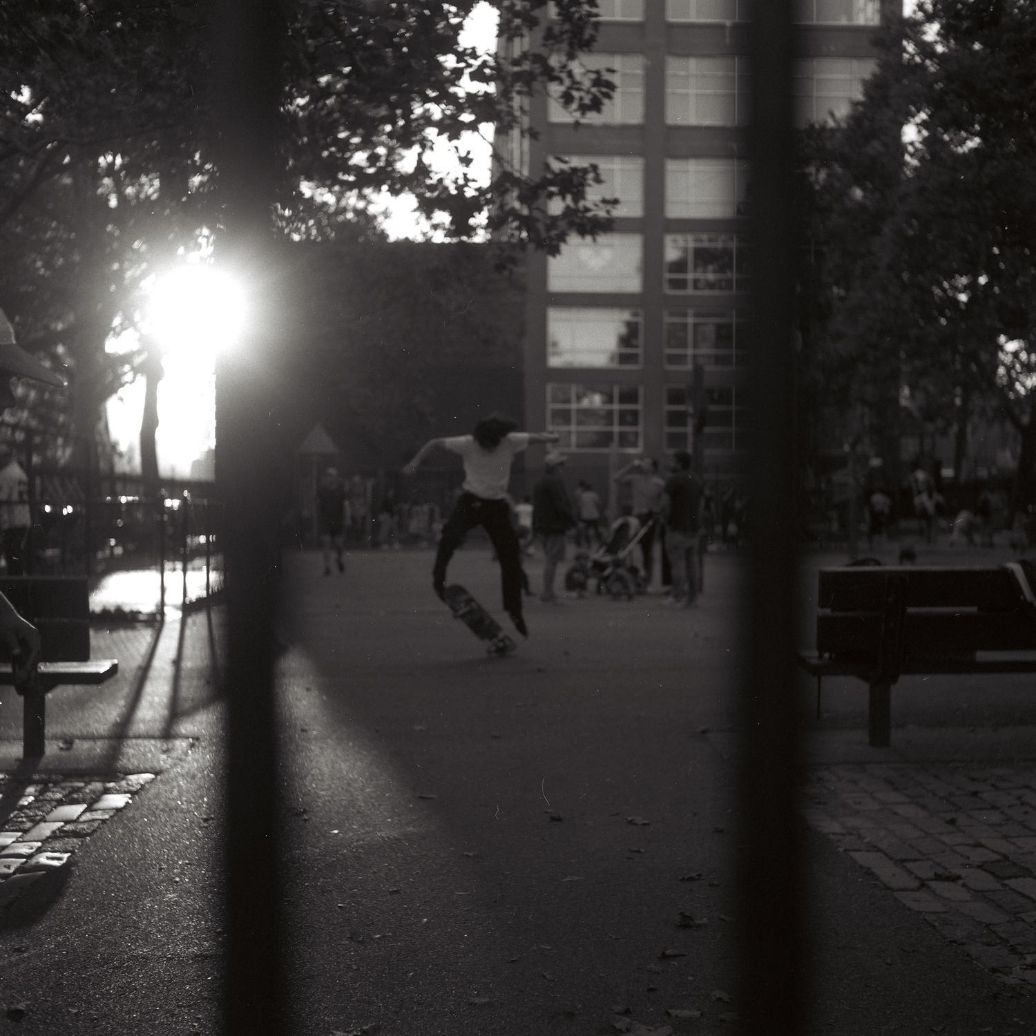 NY street photography, black and white film photography, skateboarding