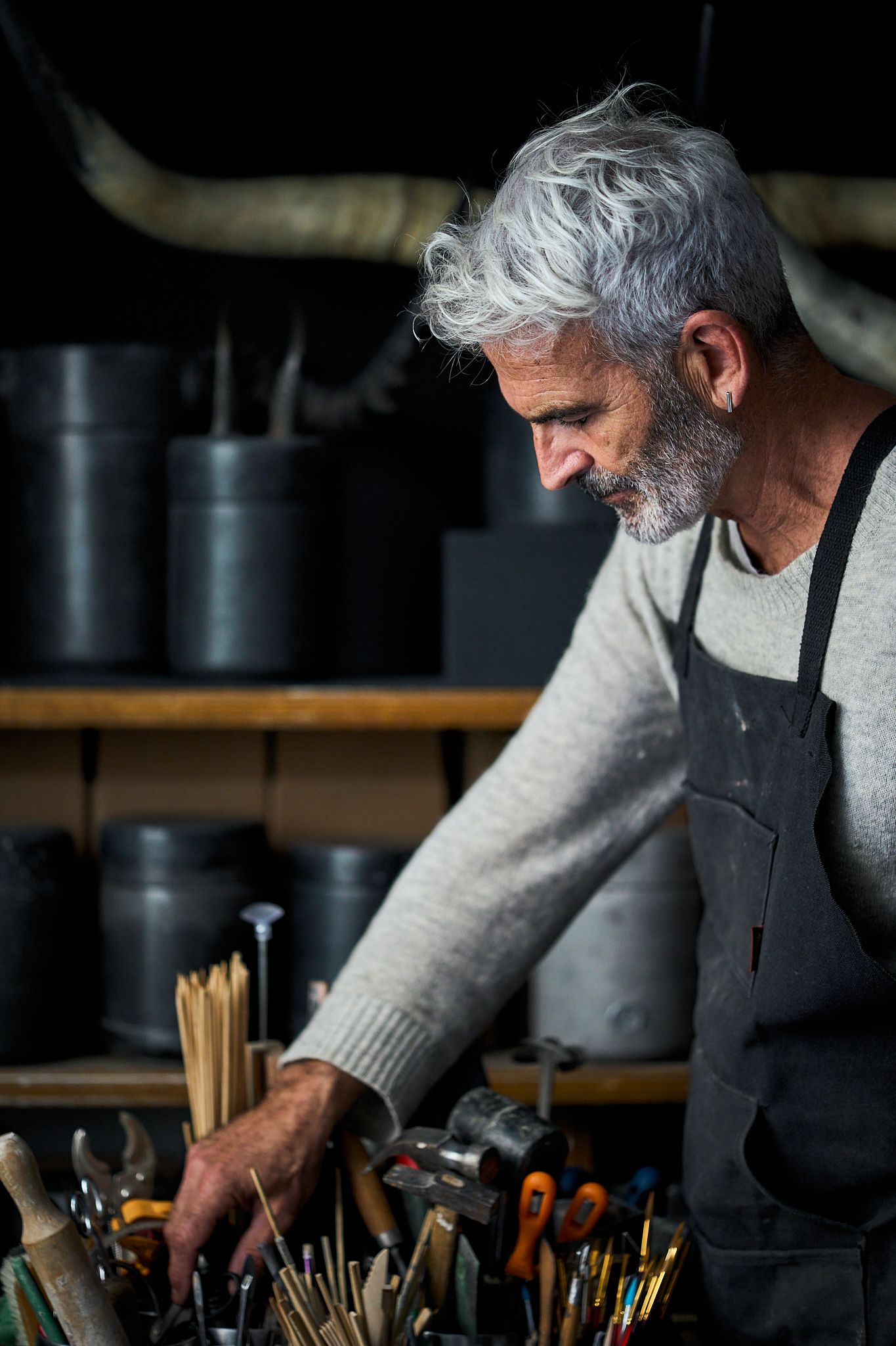 Travel and editorial photography, Provence, France, Artist Cyril Carret in his shop and studio