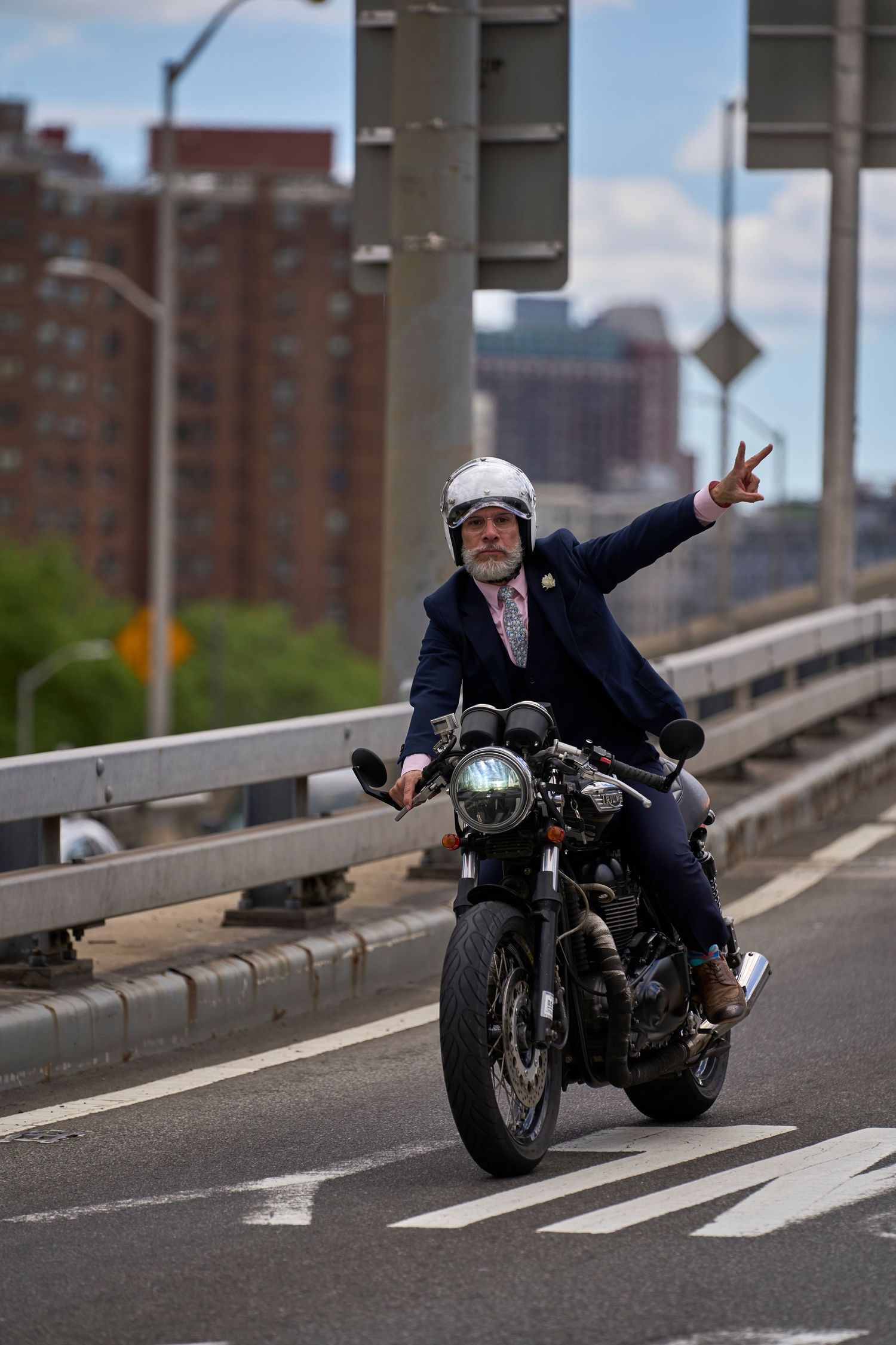 motorcycle photography, Distinguished Gentlement's Ride in NY, men waving and riding his bike
