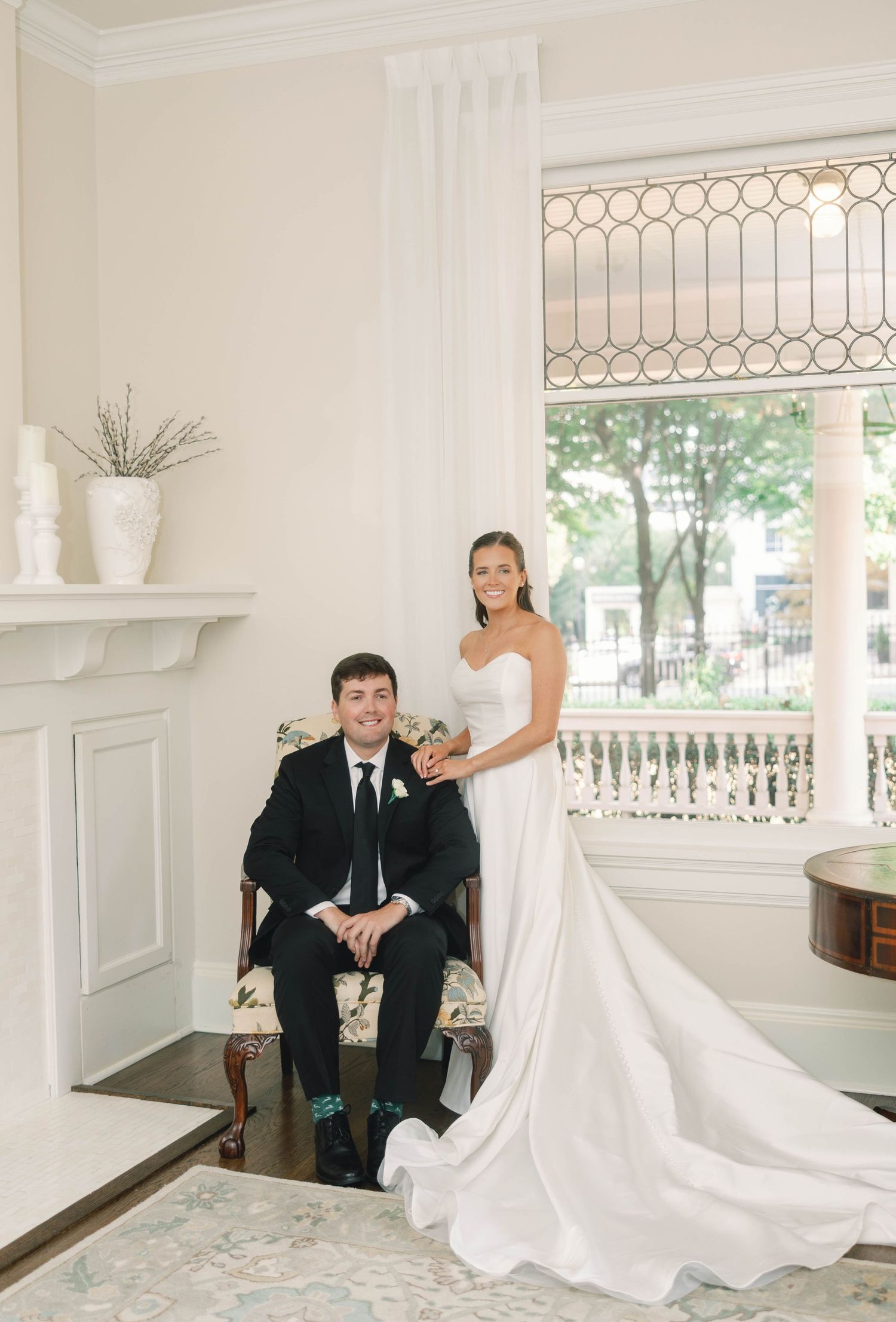 A series of elegant wedding portraits showing a white bridal gown against a classic porch setting.
