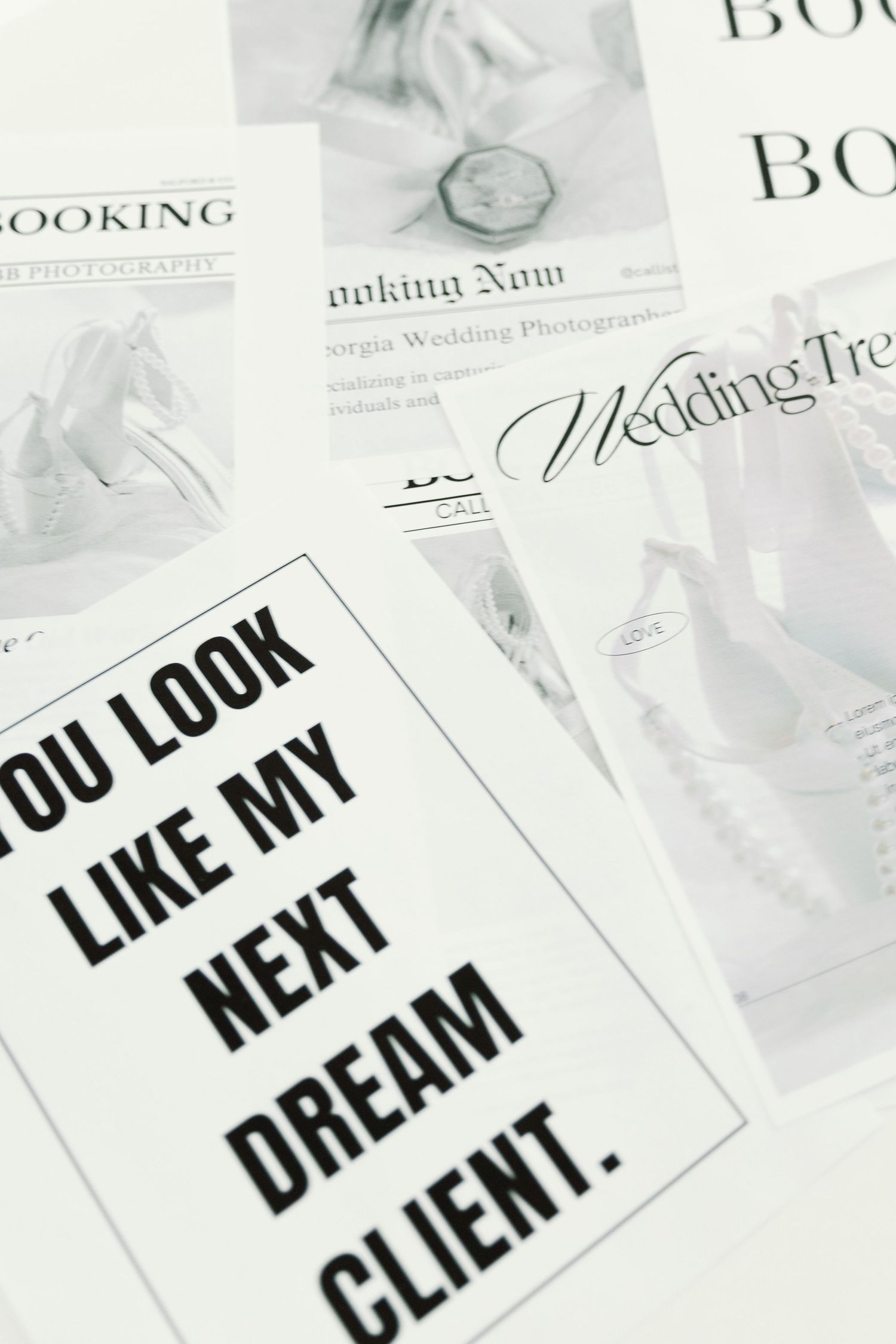 Marketing material showing text 'YOU LOOK LIKE MY NEXT DREAM CLIENT' alongside wedding industry brochures in monochrome style.