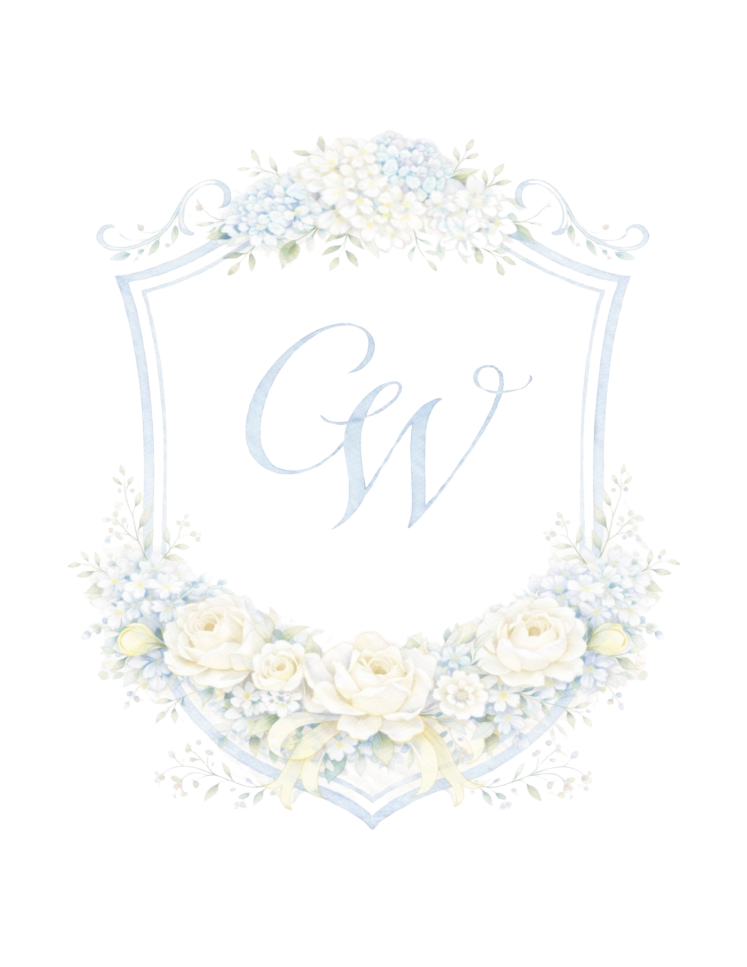 Delicate blue and white watercolor floral wreaths with monogram letters arranged in a seamless pattern.