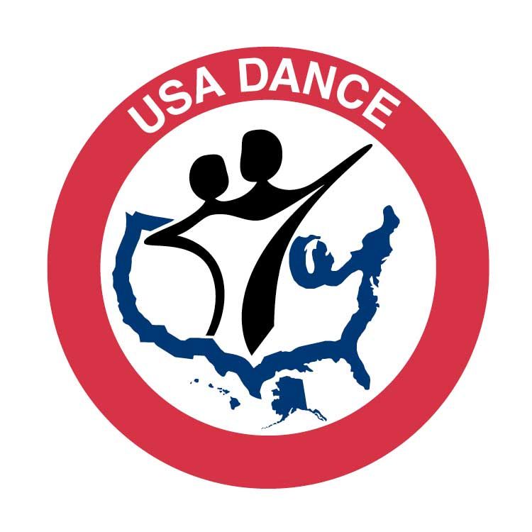 USA Dance official logo featuring two dancers over a blue US map outline with red circular border.