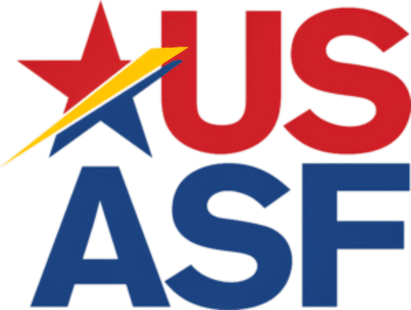 US ASF logo featuring bold red and blue letters with a red star and yellow lightning bolt accent.
