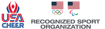 USA Cheer logo with Olympic and Paralympic rings, recognized sport organization badges and American flags.