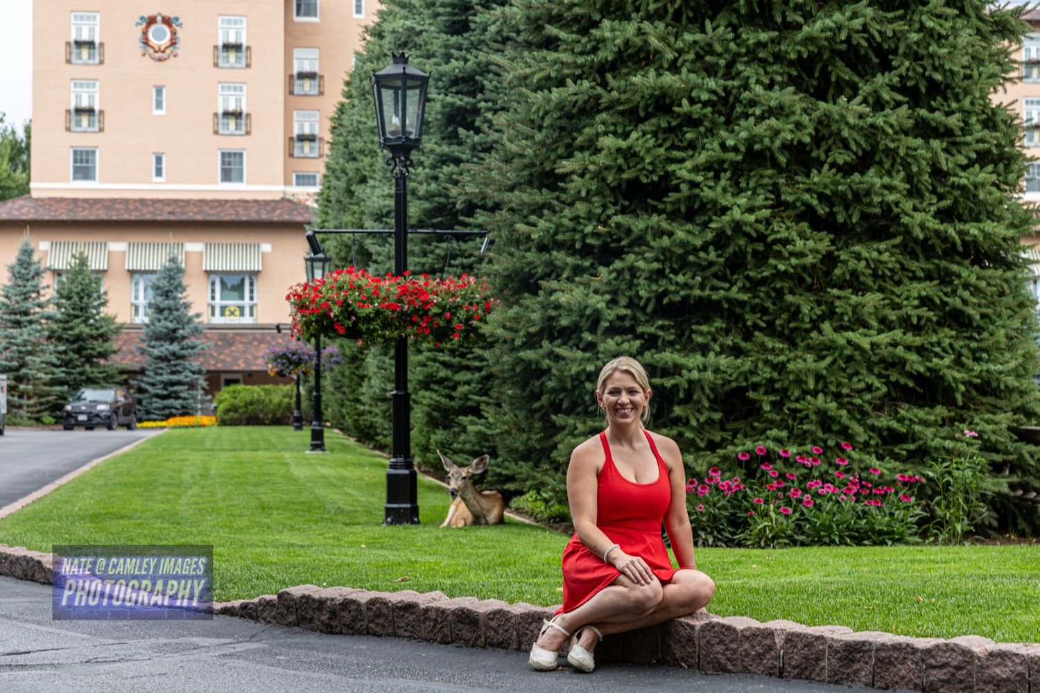A series of connected photos showing someone in red sitting on a grassy lawn near buildings and trees.