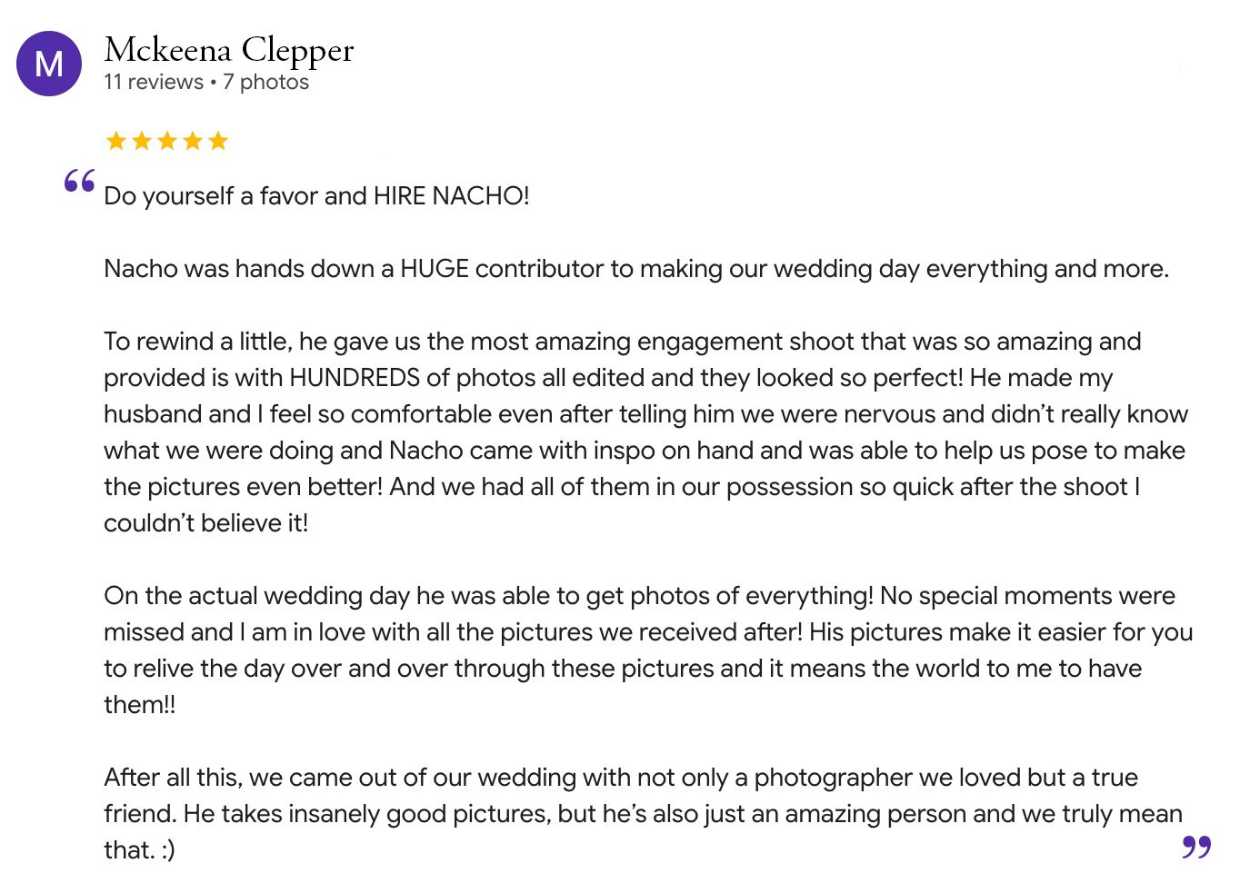 Five-star Google review praising wedding photographer Nacho for stunning photos, professionalism, and friendly personality on the big day.