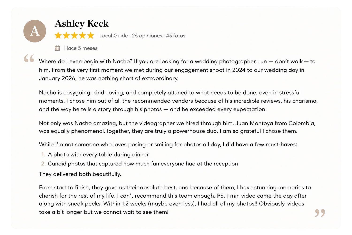 A glowing five-star Google review praising wedding photographer Nacho and videographer Juan Montoya for their exceptional work.