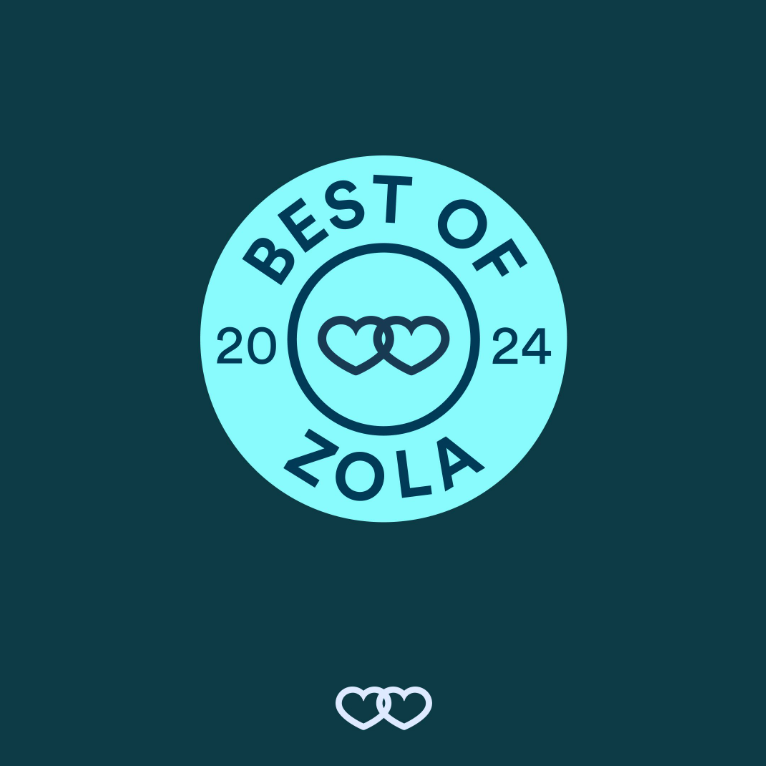 Best of Zola 2024 award badge with interlinked hearts logo on teal background.