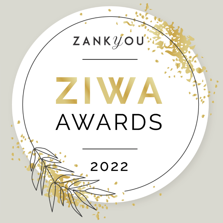 Zankyou ZIWA Awards 2022 badge with gold leaf design on white circle, elegant wedding industry recognition seal.