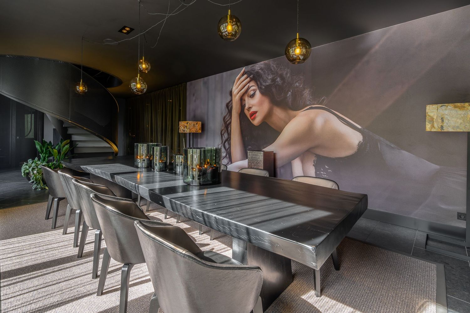 Modern interior design featuring a sleek bar counter with pendant lighting and minimalist decor.