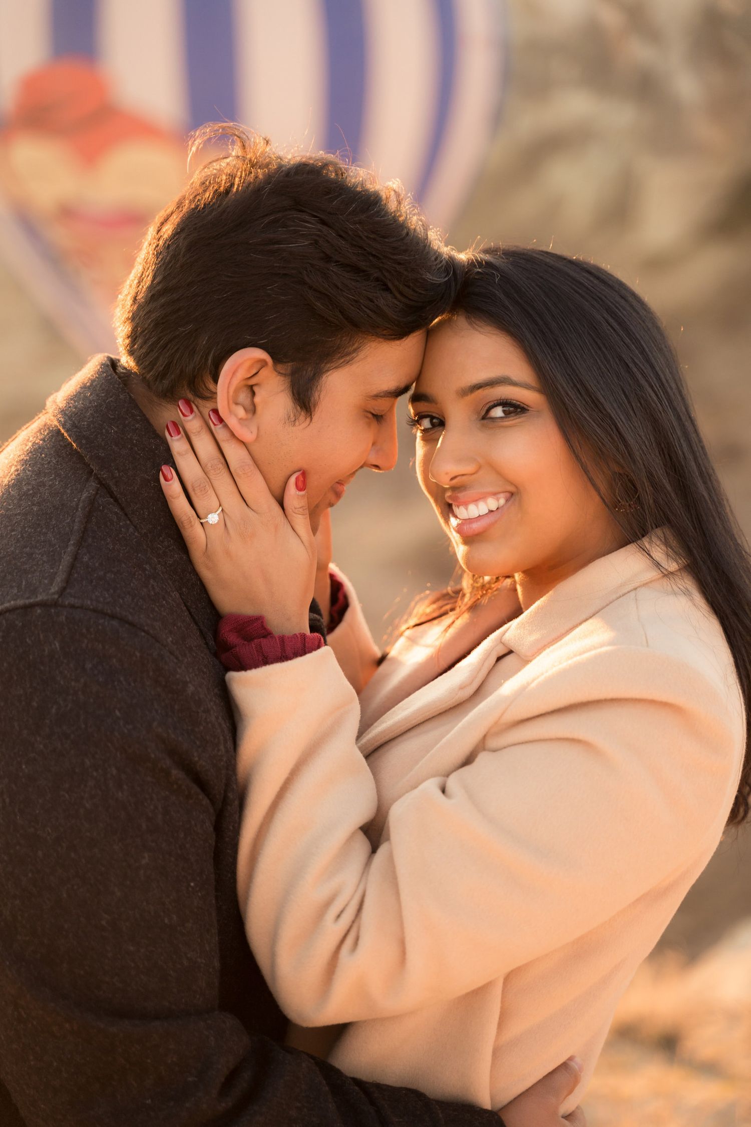 A romantic couple shares intimate moments in a series of close-up photos while wearing winter clothing at sunset.