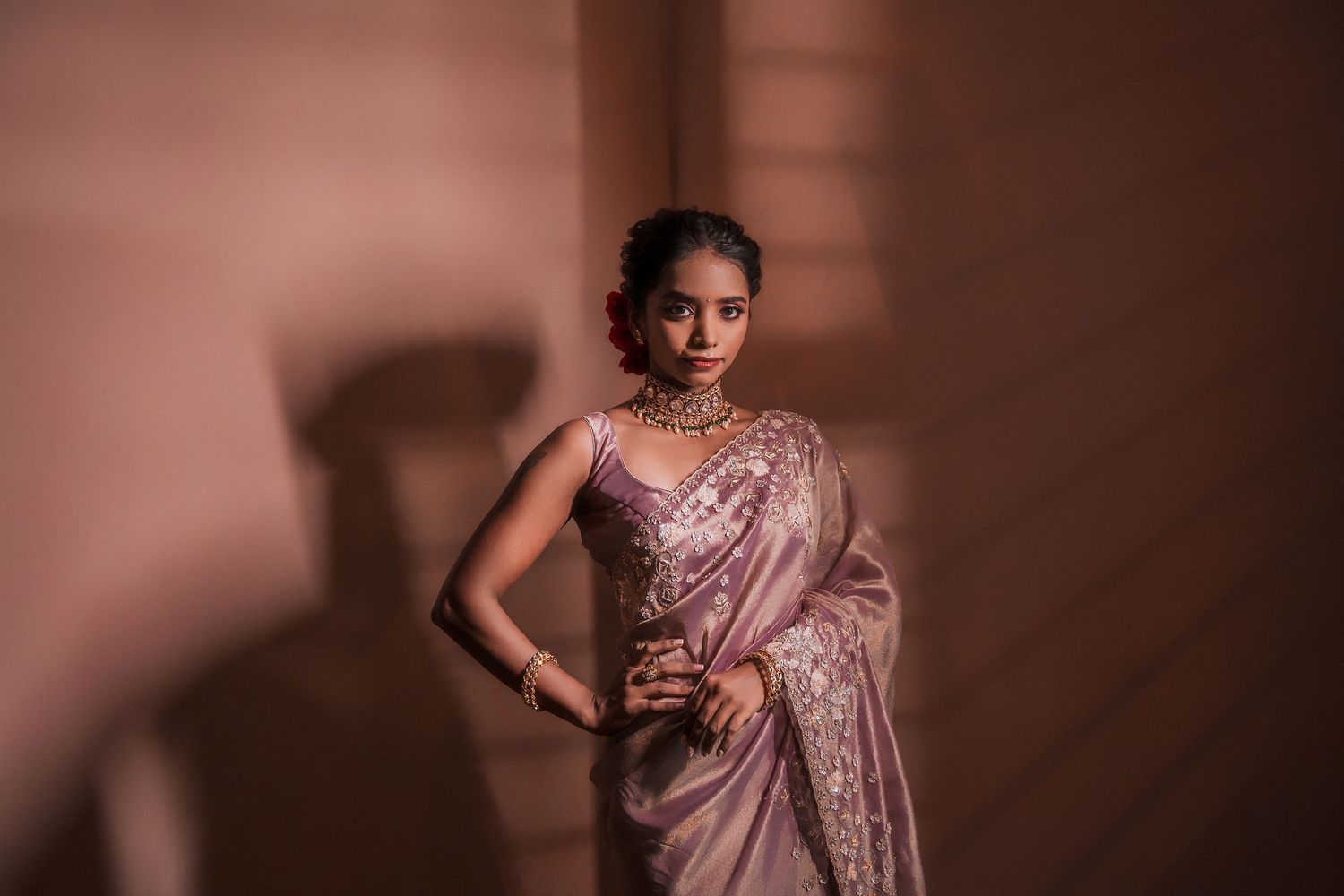 Elegant portrait of woman in dusty rose saree with dramatic lighting and shadow play.