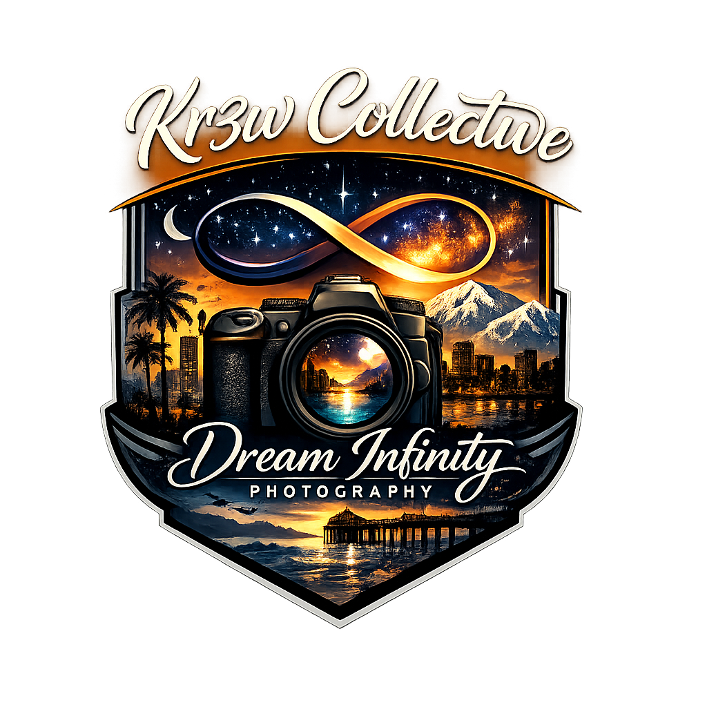 Kr3w Collective Dream Infinity Photography logo with camera, infinity symbol, sunset, mountains, and palm trees.
