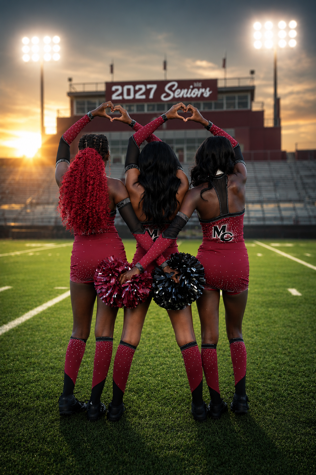 Three cheerleaders in red uniforms form heart shapes with their arms at a football stadium, celebrating 2027 seniors at sunset.